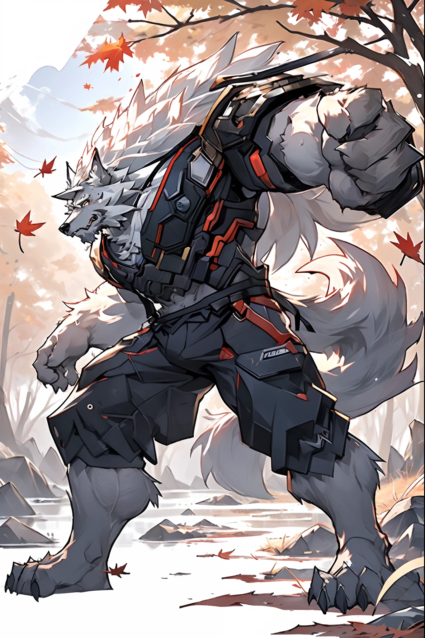 masterpiece,best quality,(1boy:1.1),(solo:1.1),muscular male,hi res,8k hd,extreme detail,detailed background,masterpiece,muscular,muscular anthro,(sweat:1.4),aged up,(looking at viewer:1.1),[(white background:1.4), ::2],solo,mid shot,full body,meadow,(Fallen leaves:1.1),grass,(Maple leaf:1.1),(rock:1.1),Stream,(rivers:1.1),fight pose, (langshu:1.3),wolf boy,facial hair,Thick eyebrows,grey body,wolf ears,white hair,long hair,wolf tail,claw,by lindong,by null-ghost,