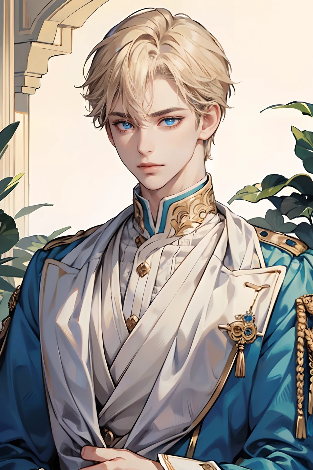 (tmasterpiece, high resolution, ultra - detailed:1.0), (1boy, adult male), Perfect male body,Eyes look at the camera, (prince:1.3), Delicate eyes and delicate face, Extremely detailed CG, Unity 8k wallpaper, Complicated details, solo person, Detailed face, (White royal costume, with short golden hair, Blue eyes, Sad expression),palace, color difference, Depth of field, dramatic shadow, Ray tracing, Best quality, Portrait