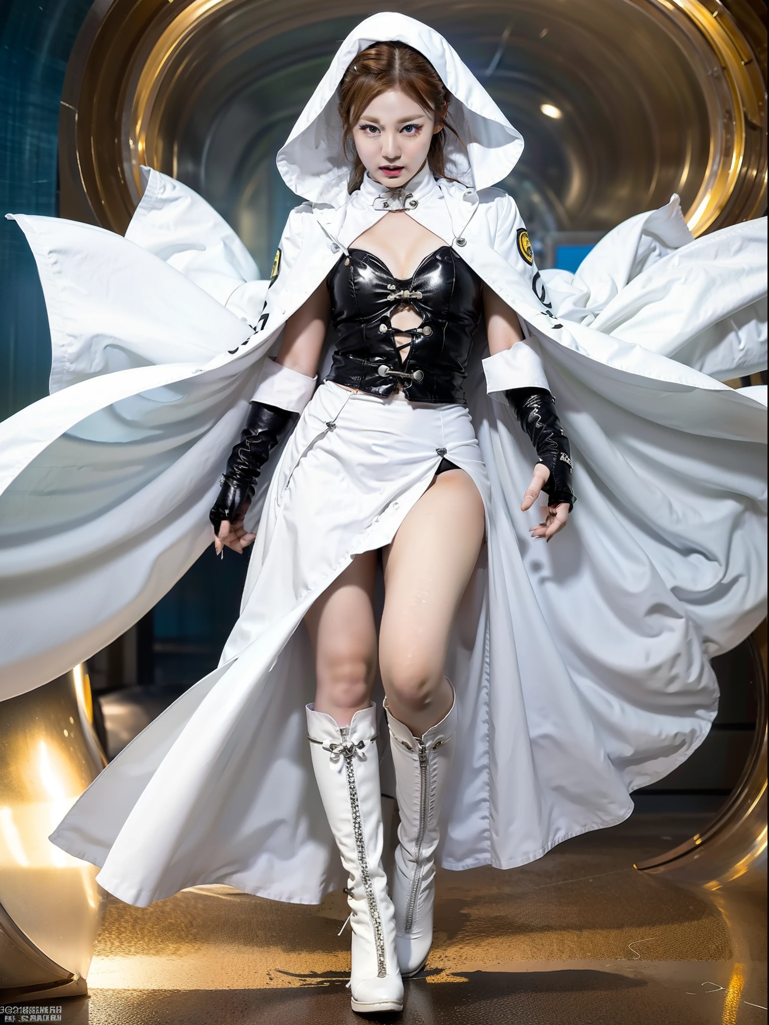 Typhoon Lady Ning Ning wears a uniform with the typhoon symbol and a white cloak, He wears a pair of long white gloves on both hands。, Wear a pair of white boots on both feet, Full Body Shot Unleash powerful superpower effects，The lens shows the whole body