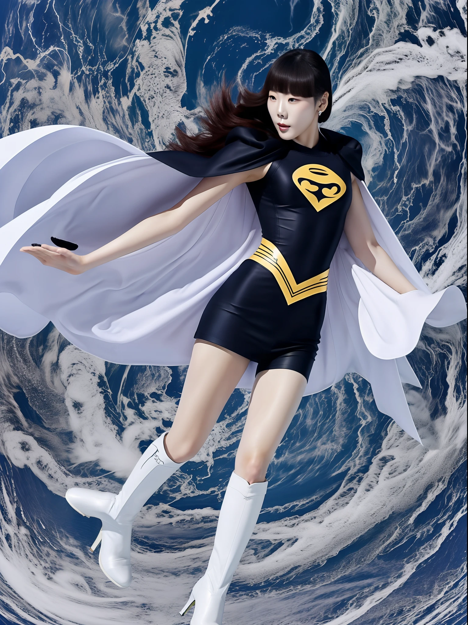 Typhoon woman Tae-yeon wears a uniform with the typhoon logo and a white cape, He wears a pair of long white gloves on both hands。, Wear a pair of white boots on both feet, Full Body Shot Unleash powerful superpower effects，The lens shows the whole body