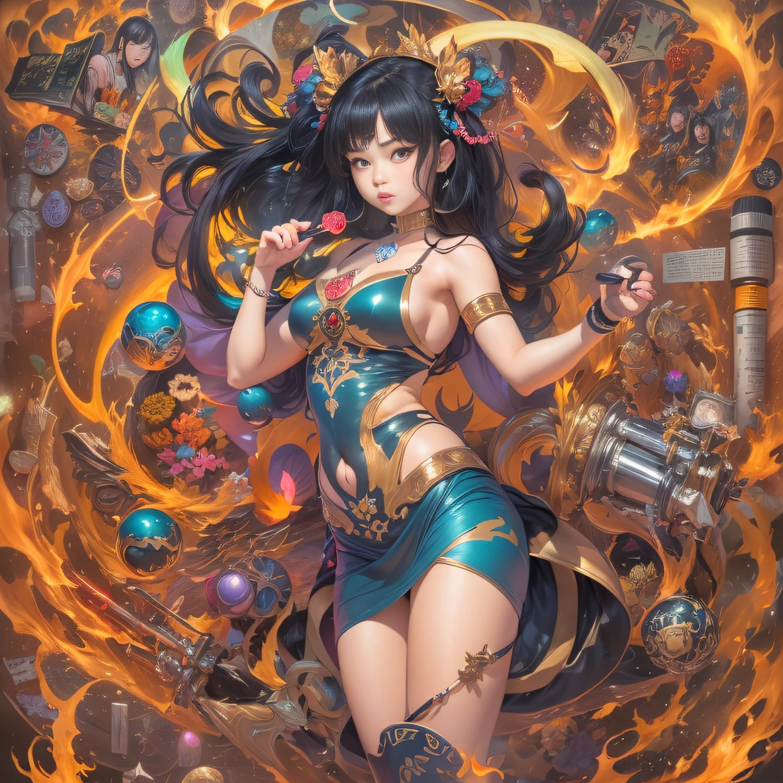 (Girl with bright black hair)(Best quality, A high resolution, Vivid colors, (Cartoon Goddess), (comic strip))Forged hammer pattern，Big belly，oguchi，sedate，massiness，Shiny and warm