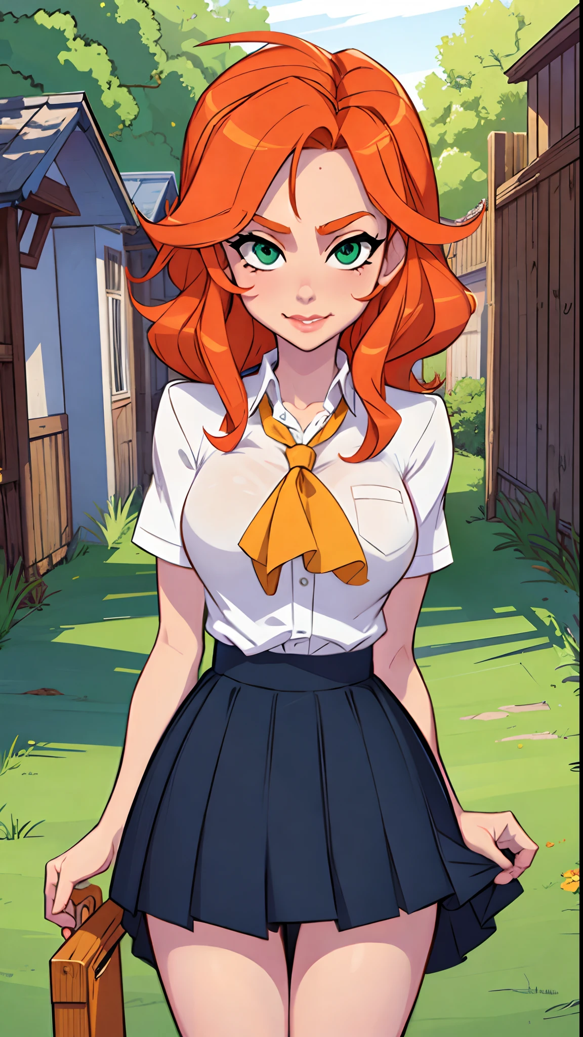 1girl, Best quality, masterpiece, cowboy shot, orange hair, green eyes, tight cloth, school uniform, plead skirt, class