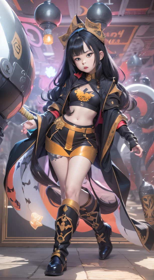 (Girl with bright black hair)(Best quality, A high resolution, Vivid colors, (Cartoon Goddess), (comic strip))Forged hammer pattern,Big belly,oguchi,sedate,massiness,Shiny and warm