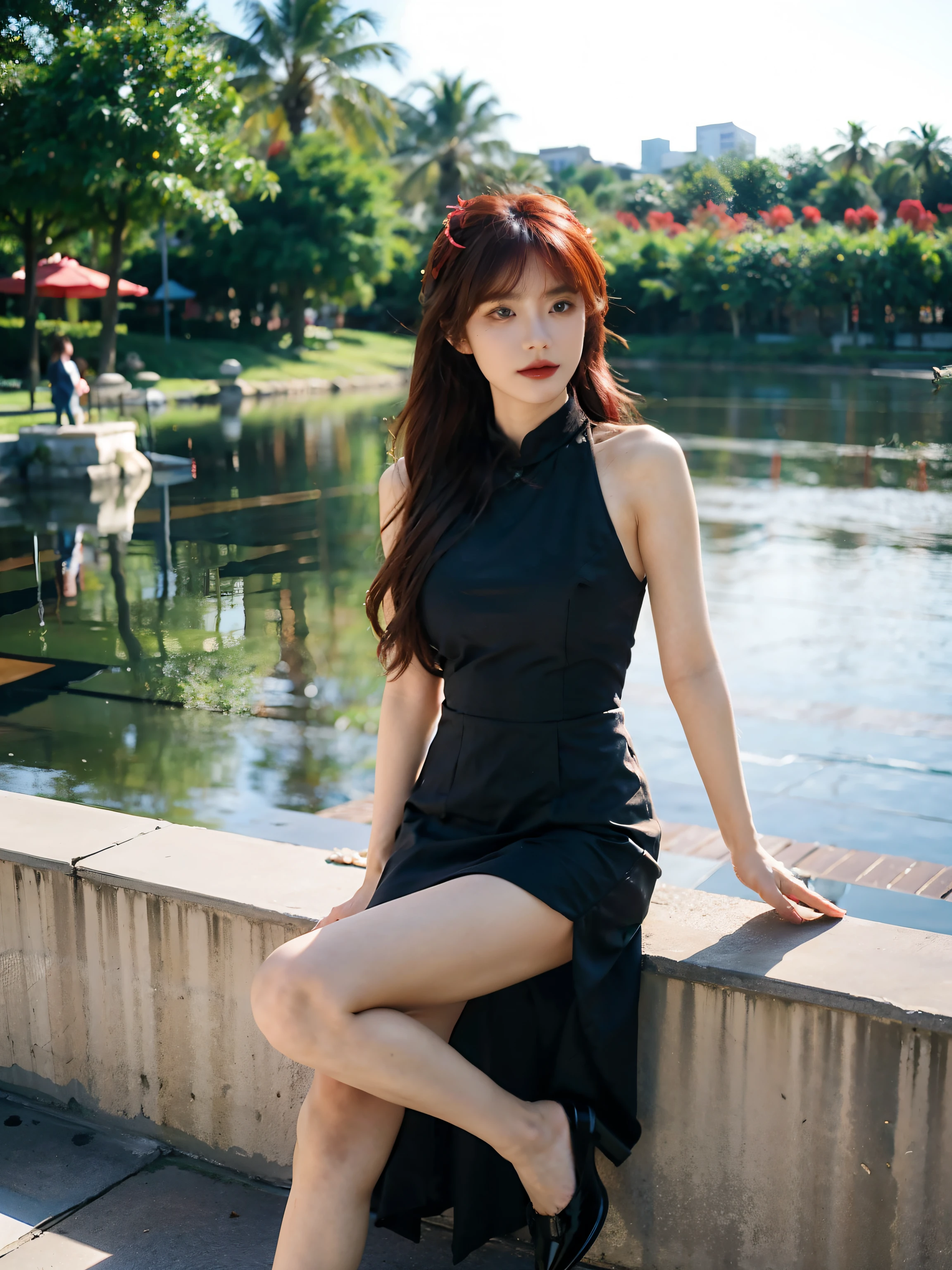 （（top-quality，16k，tmasterpiece：1.3）），Aya Shiina，28 years old Asian female，Beautiful Women in Perfect Shape：1.3，（（（Red hair））），（（lewd poses）），Rose flower（（（Black wedding dress））），（（（Have by the sea））），（（（shift dresses））），（（Black high heels））），（（In the city））