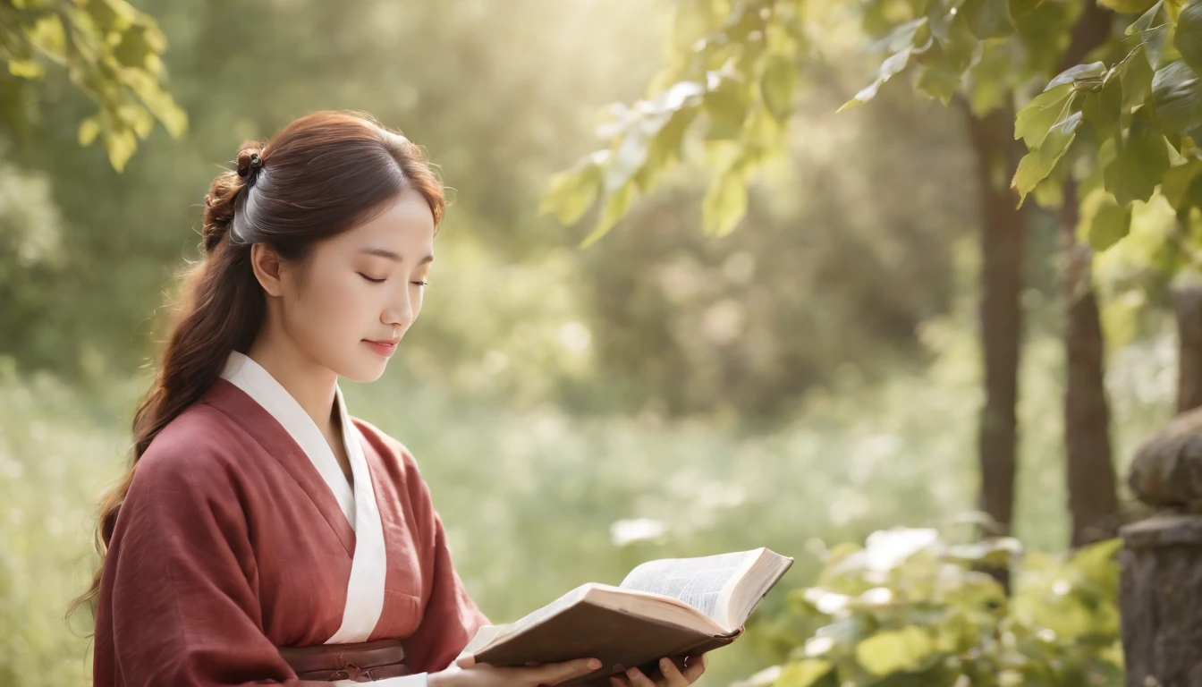 (Best Quality,Ultra-detailed,realisitic:1.37),portrait of a,Korean men and women reading the Bible,Oil Painting,Traditional Korean Costume,Peaceful garden scene,Soft sunlight,tranquil expression,wisdom,Bible Quotes,vibrant colours,delicate brushwork,subtle textures,lush greenery,Contemplative atmosphere,Beautiful picture book,Highlighted features:Eyes in focus,gentle smiling,Graceful posture,Sunlight shining through the trees,rays,Quiet surroundings,serene ambiance,A Blessed Moment