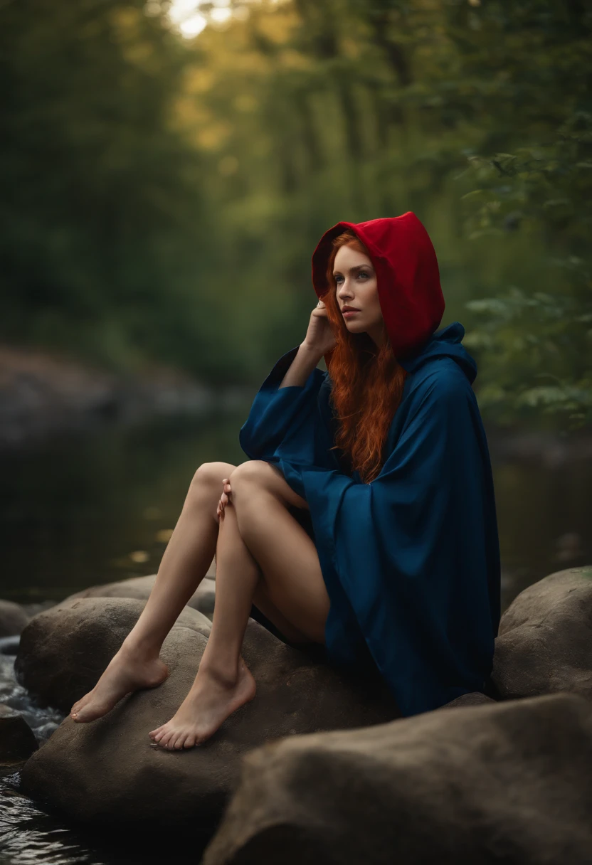 8k, best quality, (photorealistic:1.4), raw photo, 1girl, red hair, animal ears, blue hooded cape, ears sticking out, pose: sitting on a rock in a forest river, yellow eyes,  wearing swimsuit