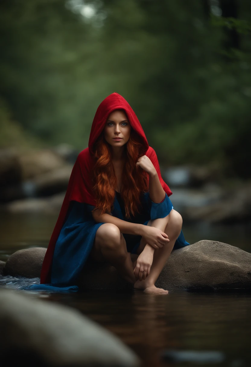 8k, best quality, (photorealistic:1.4), raw photo, 1girl, red hair, animal ears, blue hooded cape, ears sticking out, pose: sitting on a rock in a forest river, yellow eyes,  wearing swimsuit
