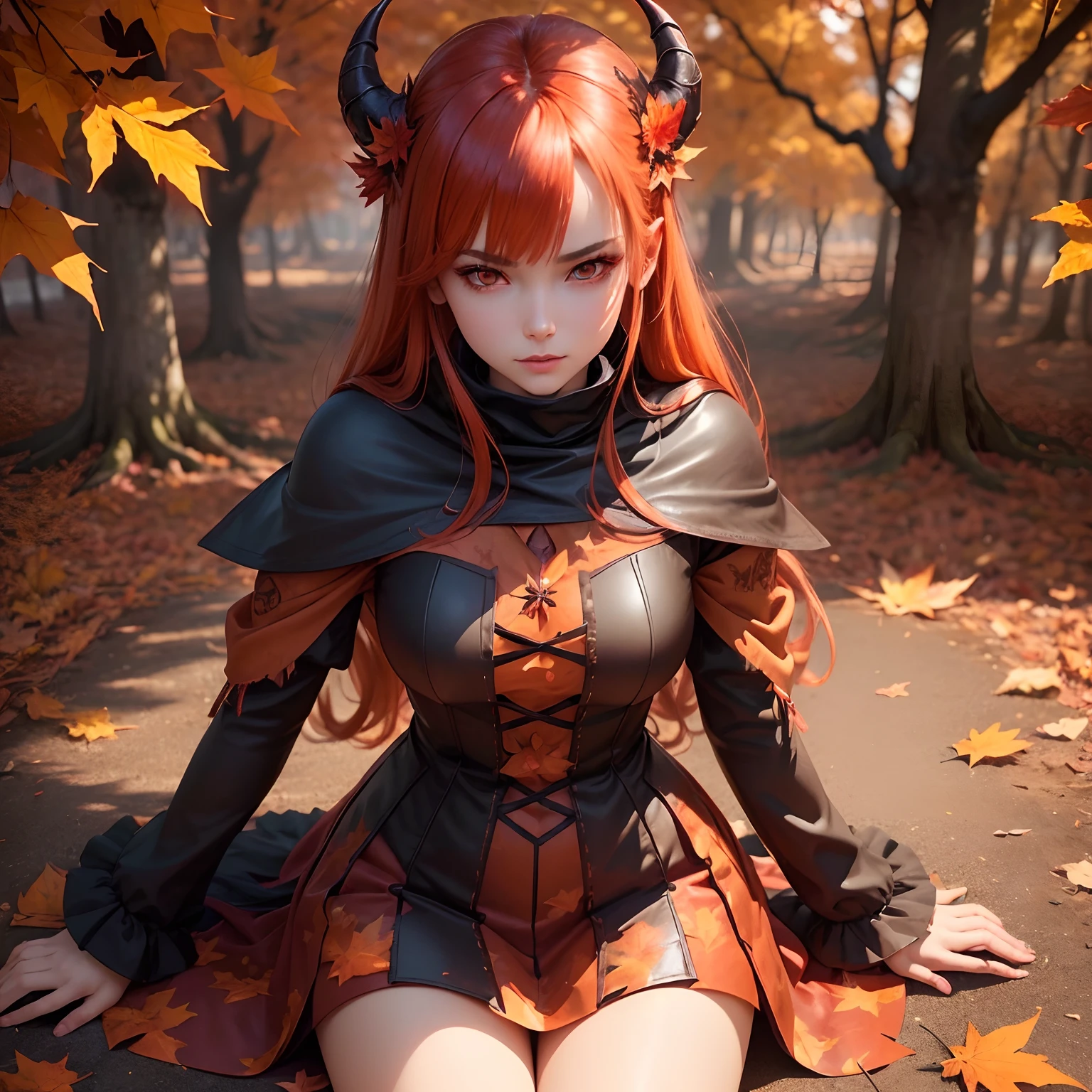 (Best Quality,Ultra-detailed,Realistic:1.37)、Evil Autumn Devil、An 18-year-old woman、Autumn personification、Sharp eyes、Evil look、red eyes、Feathered devil、orange color hair、Emphasis on the characteristics of autumn leaves、Clothes with autumn leaves motif、Autumn landscape、Full body