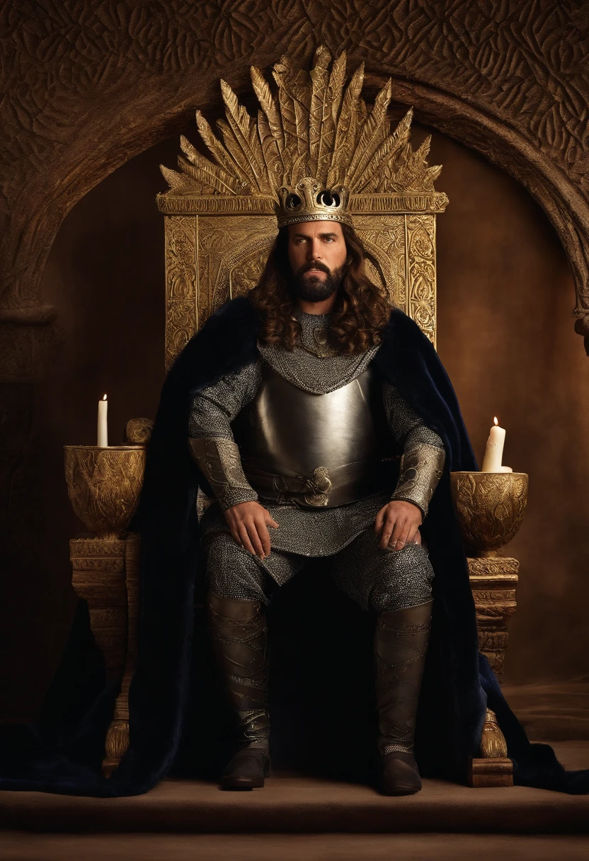 A king with an expression of fury, ele tem cabelos e barbas castanhos. aparenta ter 50 anos. veste de rei. ambiente medieval. full-body phoco. cinematic picture.Backdrop A Kingdom, castelo. noite . veste de rei. ele esta sentado em seu trono.