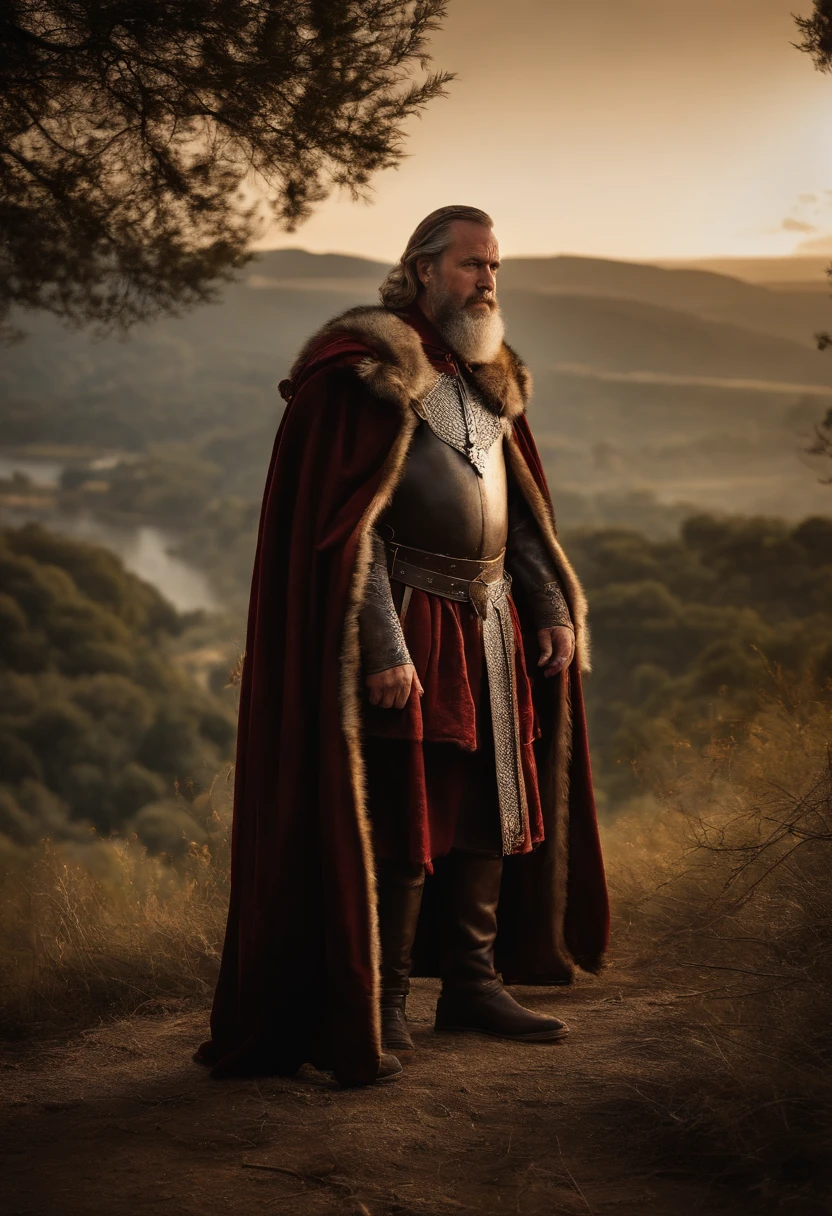 A king with an expression of fury, ele tem cabelos e barbas castanhos. aparenta ter 50 anos. veste de rei. ambiente medieval. full-body phoco. cinematic picture.Backdrop A Kingdom, castelo. noite . veste de rei. ele esta sentado em seu trono.