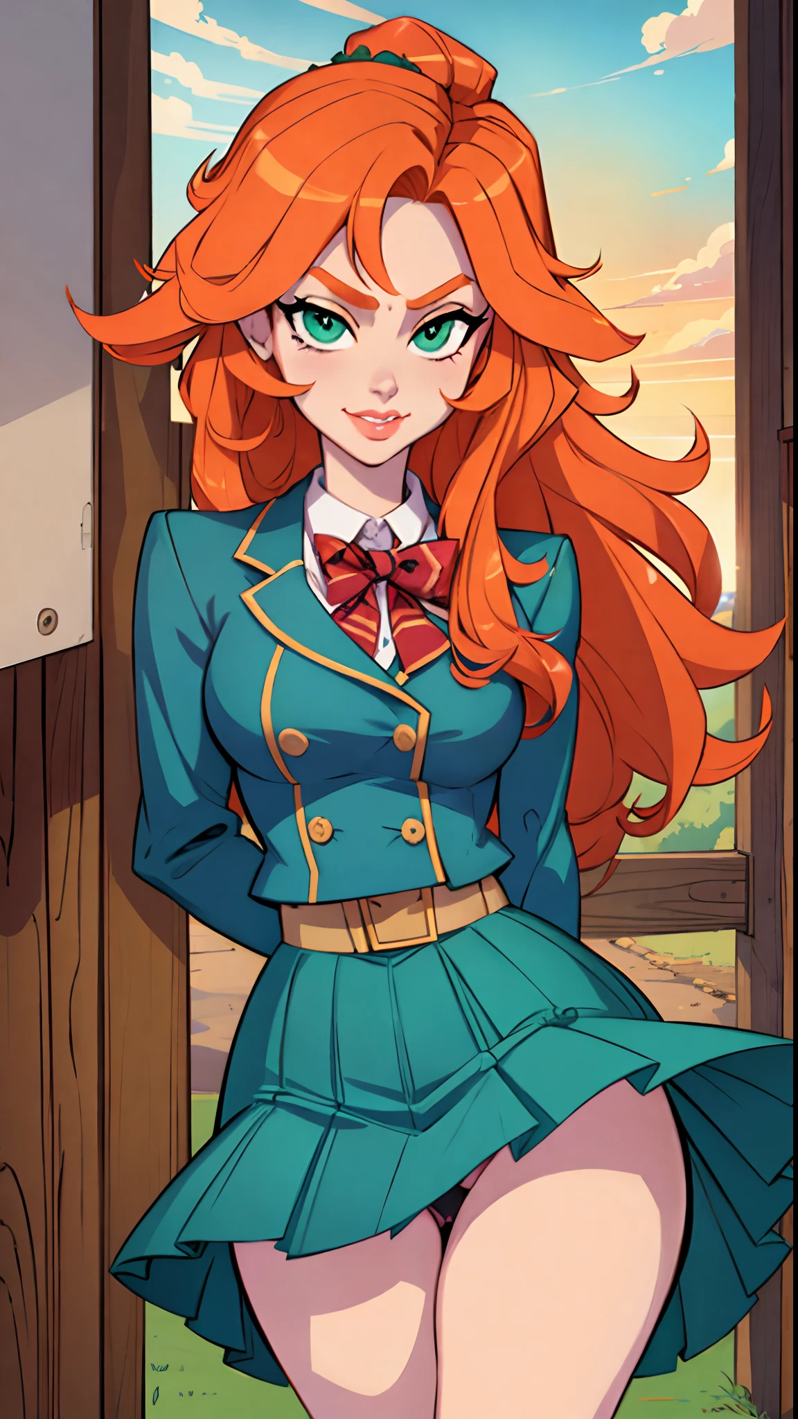 1girl, Best quality, masterpiece, cowboy shot, orange hair, green eyes, tight cloth, school uniform, plead skirt, class