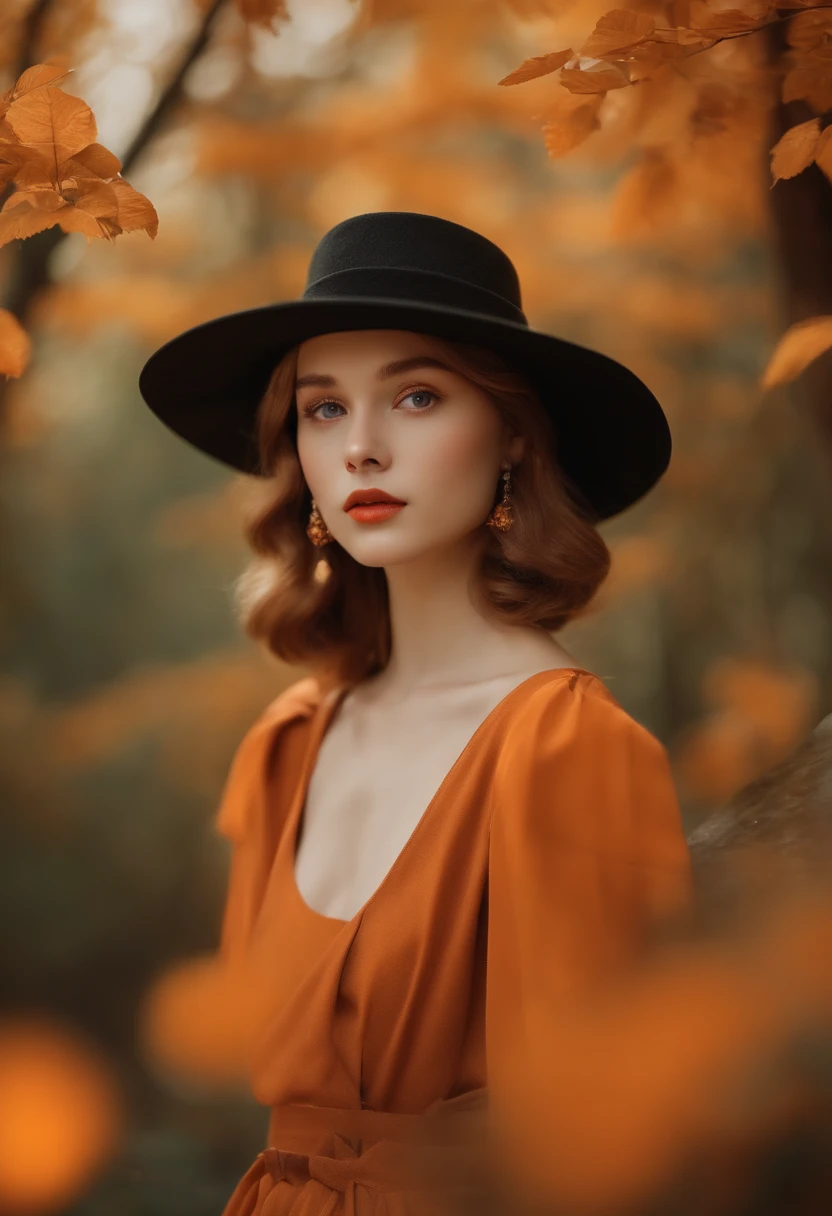 high-level image quality、Retro Fashion、an orange、European 16-year-old female、Forest background