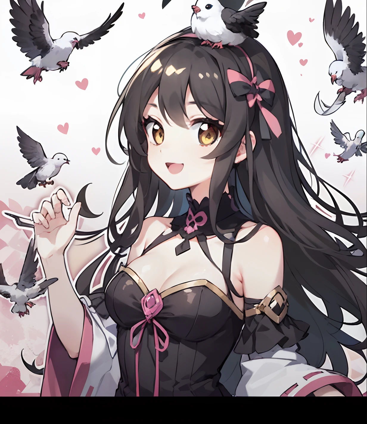 Cute anime girls,Wear a pink bow on her head,There is a pigeon on his head,The expression is natural and smiling,Exquisite high-quality HD。