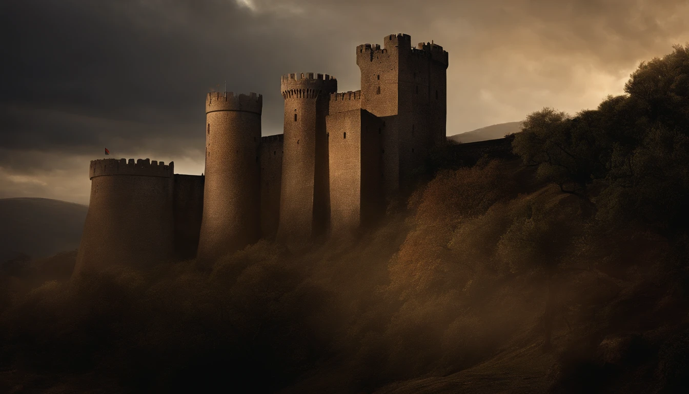 A king with an expression of fury, ele tem cabelos e barbas castanhos. aparenta ter 50 anos. veste de rei. ambiente medieval. full-body phoco. cinematic picture.Backdrop A Kingdom, castelo. noite. expression of great anger