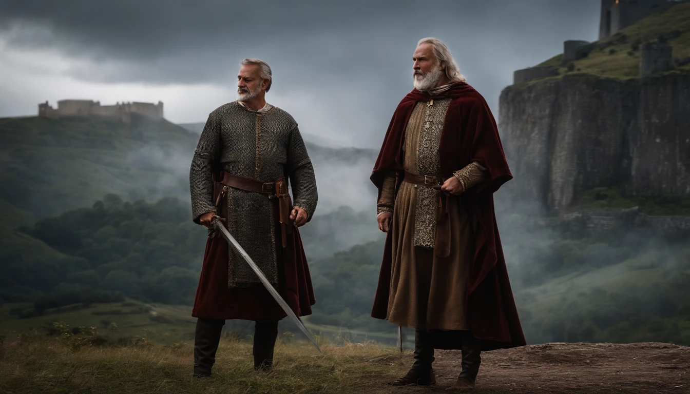 Aerys Targaryen e Gerold Hightower, dois homens, cavaleiro, rei, observando um castelo em chamas verdes, atmosfera intensa e sombria, game of thrones.