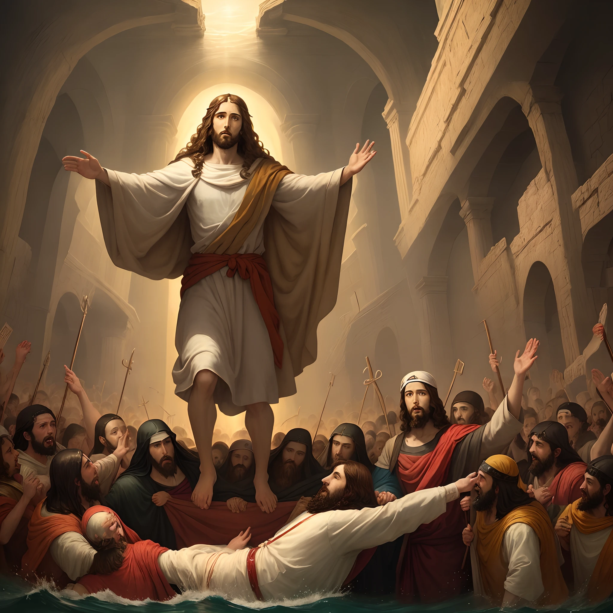 The anti christ rising from the sea, the setting should be like the bible book of revelations and Enoch. The image should be warm and fierce. Best quality, 8k, end time,