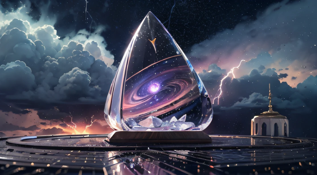 Miniature teardrop-shaped opaque crystal cosmic elliptical ship,,Skysky,dark stormy clouds,Sky full of lightning, It will be a thunderstorm,top angle:Observation from the top of the object,The top and bottom of the object can be seen。