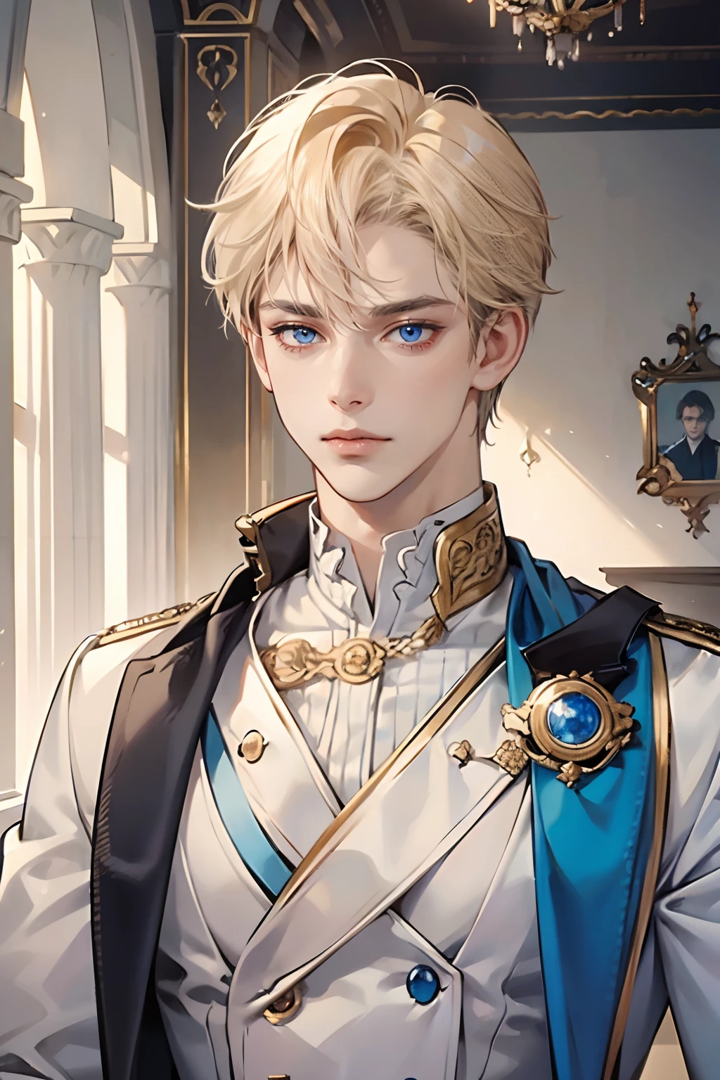 (tmasterpiece, high resolution, ultra - detailed:1.0), (1boy, adult male), Perfect male body,Eyes look at the camera, (prince:1.3), Delicate eyes and delicate face, Extremely detailed CG, Unity 8k wallpaper, Complicated details, solo person, Detailed face, (White royal costume, with short golden hair, Blue eyes, Sad expression), Outdoor, palace, color difference, Depth of field, dramatic shadow, Ray tracing, Best quality, Portrait