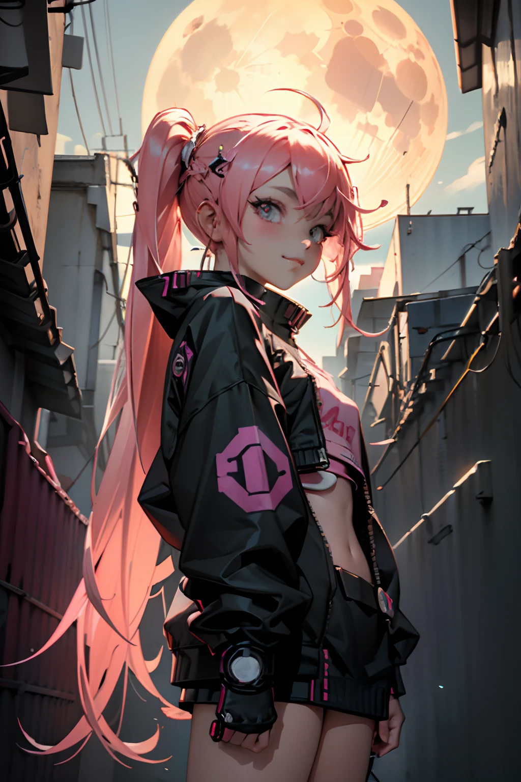 Beautiful woman pink twin tail long hair、cyberpunk style short clothes、gazing at viewer、front facing、A slight smil、natta、harvest moon、Moon brightness