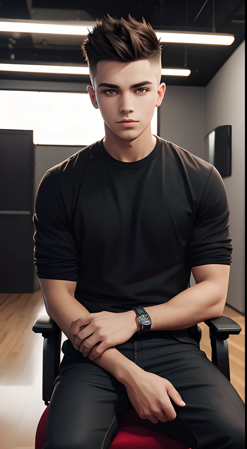 young man name urban legend with short spiky hair in Studio co seeing camera front sit on chair alone show full body