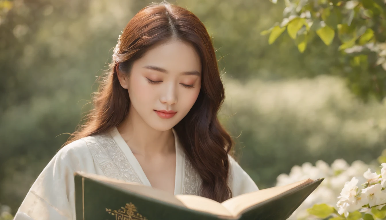 (Best Quality,Ultra-detailed,realisitic:1.37),portrait of a,Korean men and women reading the Bible,Oil Painting,Traditional Korean Costume,Peaceful garden scene,Soft sunlight,tranquil expression,wisdom,Bible Quotes,vibrant colours,delicate brushwork,subtle textures,lush greenery,Contemplative atmosphere,Beautiful picture book,Highlighted features:Eyes in focus,gentle smiling,Graceful posture,Sunlight shining through the trees,rays,Quiet surroundings,serene ambiance,A Blessed Moment