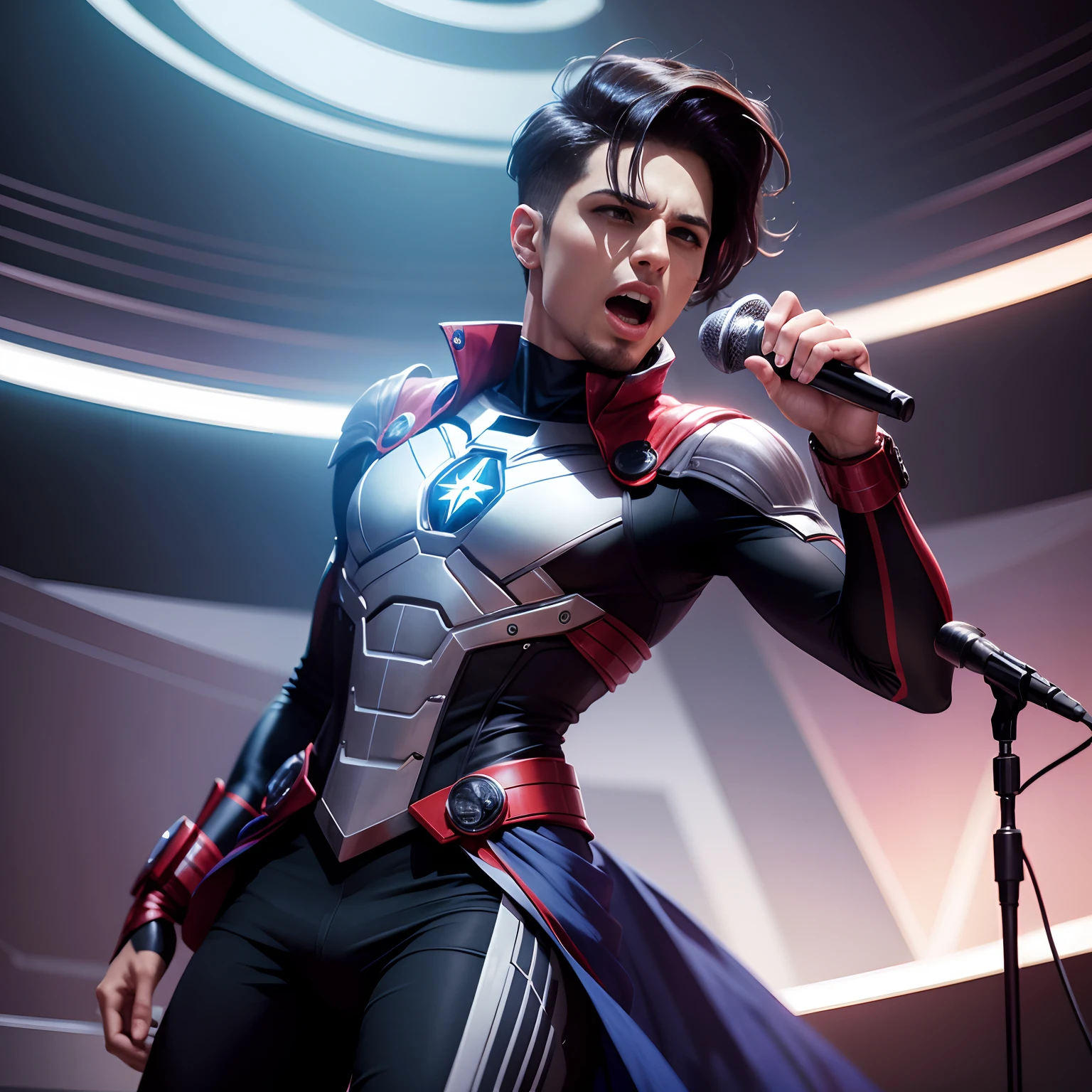 Cantor segurando o microfone, no estilo marvel futurista, com roupas pretas, estilosas cantando em um palco com muitas pessoas, na parte de traz tem um painel digital escrito AZO,