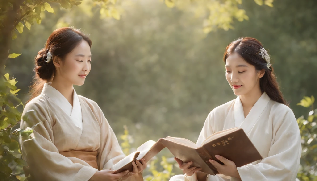 (Best Quality,Ultra-detailed,realisitic:1.37),portrait of a,Korean men and women reading the Bible,Oil Painting,Traditional Korean Costume,Peaceful garden scene,Soft sunlight,tranquil expression,wisdom,Bible Quotes,vibrant colours,delicate brushwork,subtle textures,lush greenery,Contemplative atmosphere,Beautiful picture book,Highlighted features:Eyes in focus,gentle smiling,Graceful posture,Sunlight shining through the trees,rays,Quiet surroundings,serene ambiance,A Blessed Moment