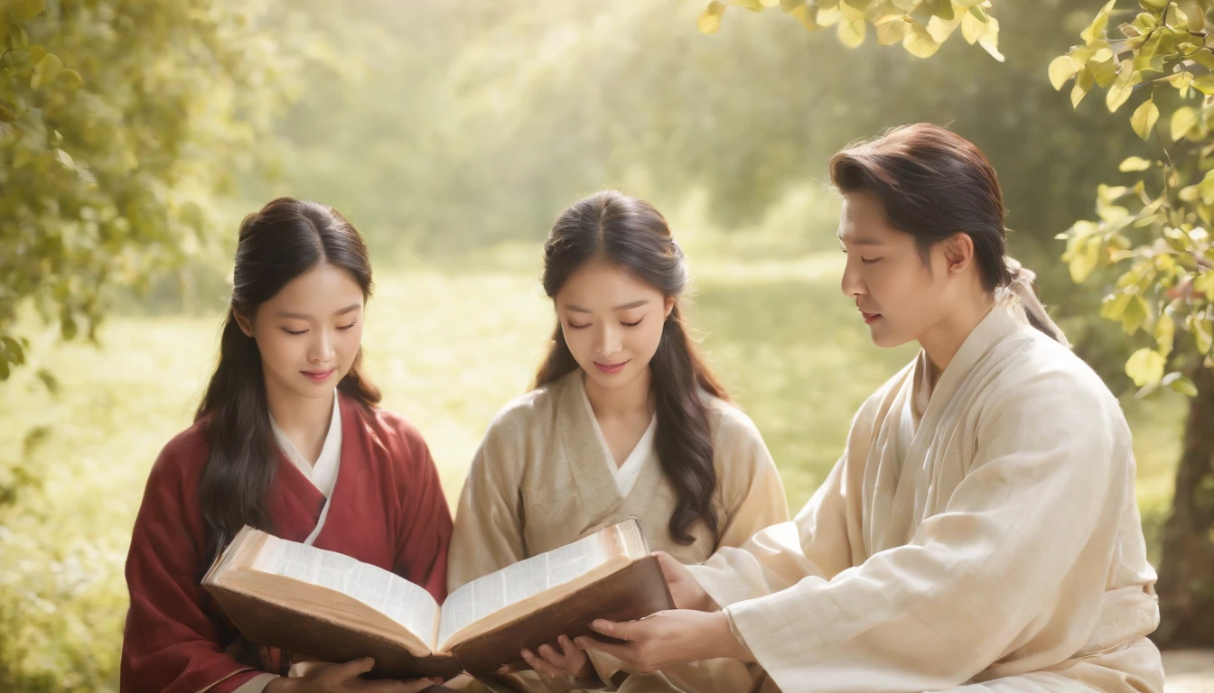 (Best Quality,Ultra-detailed,realisitic:1.37),portrait of a,Korean men and women reading the Bible,Oil Painting,Traditional Korean Costume,Peaceful garden scene,Soft sunlight,tranquil expression,wisdom,Bible Quotes,vibrant colours,delicate brushwork,subtle textures,lush greenery,Contemplative atmosphere,Beautiful picture book,Highlighted features:Eyes in focus,gentle smiling,Graceful posture,Sunlight shining through the trees,rays,Quiet surroundings,serene ambiance,A Blessed Moment