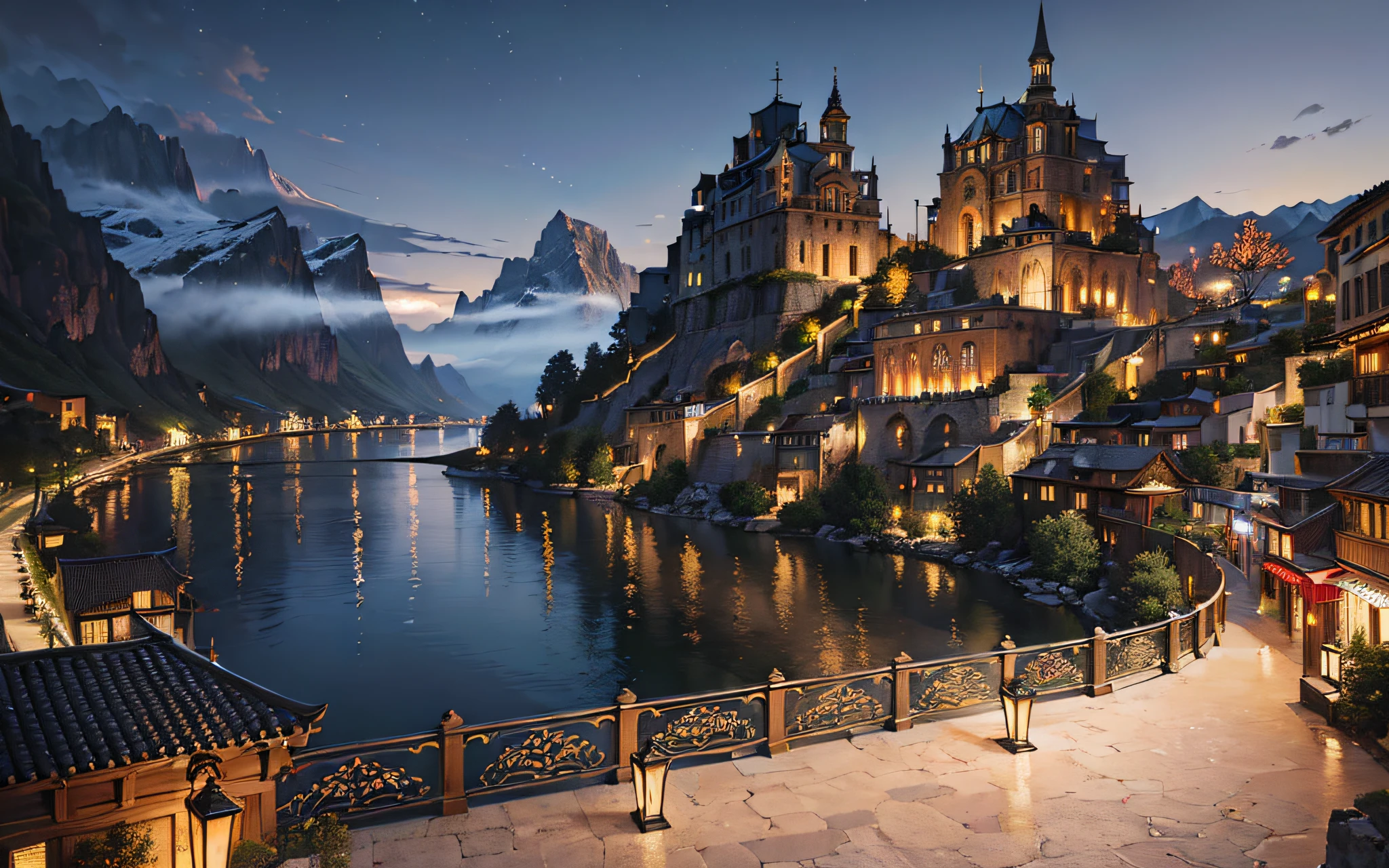 (masterpiece:1.3), (best quality:1.3), Ultra high Res, absurd quality, photography, atmospheric perspective, canvas painting, cinematic, very detailed illustration, dark theme, wide range shot, detailed background, depth of field, Illustrate the Doughty ancient city, mountains and rivers, night, firefly lights, rich in detail, city view, a sense of history and intrigue,