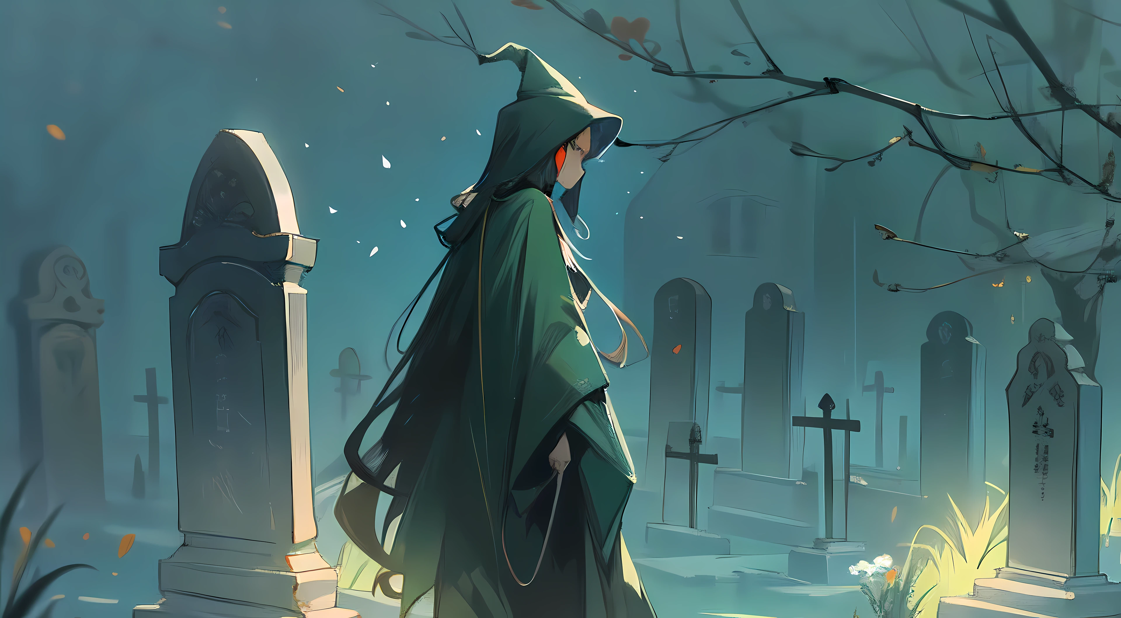 In the cemetery stood a woman in a green cloak, from the black mage cemetery!!!, Artgerm and Atey Ghailan, in a graveyard, goddess of death in a graveyard, atey ghailan 8 k, magical fantasy 2 d concept art, an ominous fantasy illustration, in the middle of a graveyard, inspired by Andreas Rocha