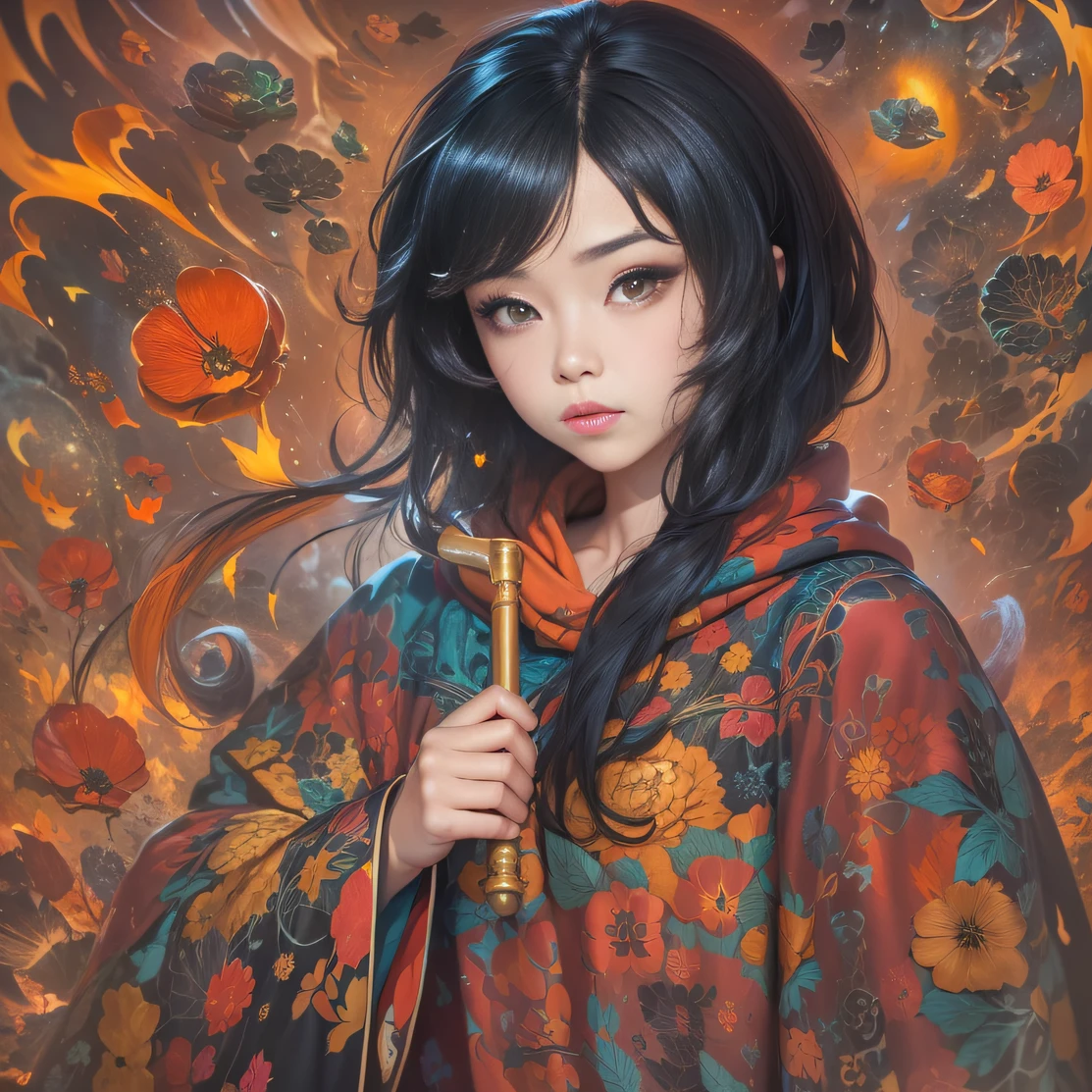 (Girl with bright black hair)(Best quality, A high resolution, Vivid colors, (Cartoon Goddess), (comic strip))Forged hammer pattern,A flowing linen cloak,oguchi,sedate,massiness,Shiny and warm