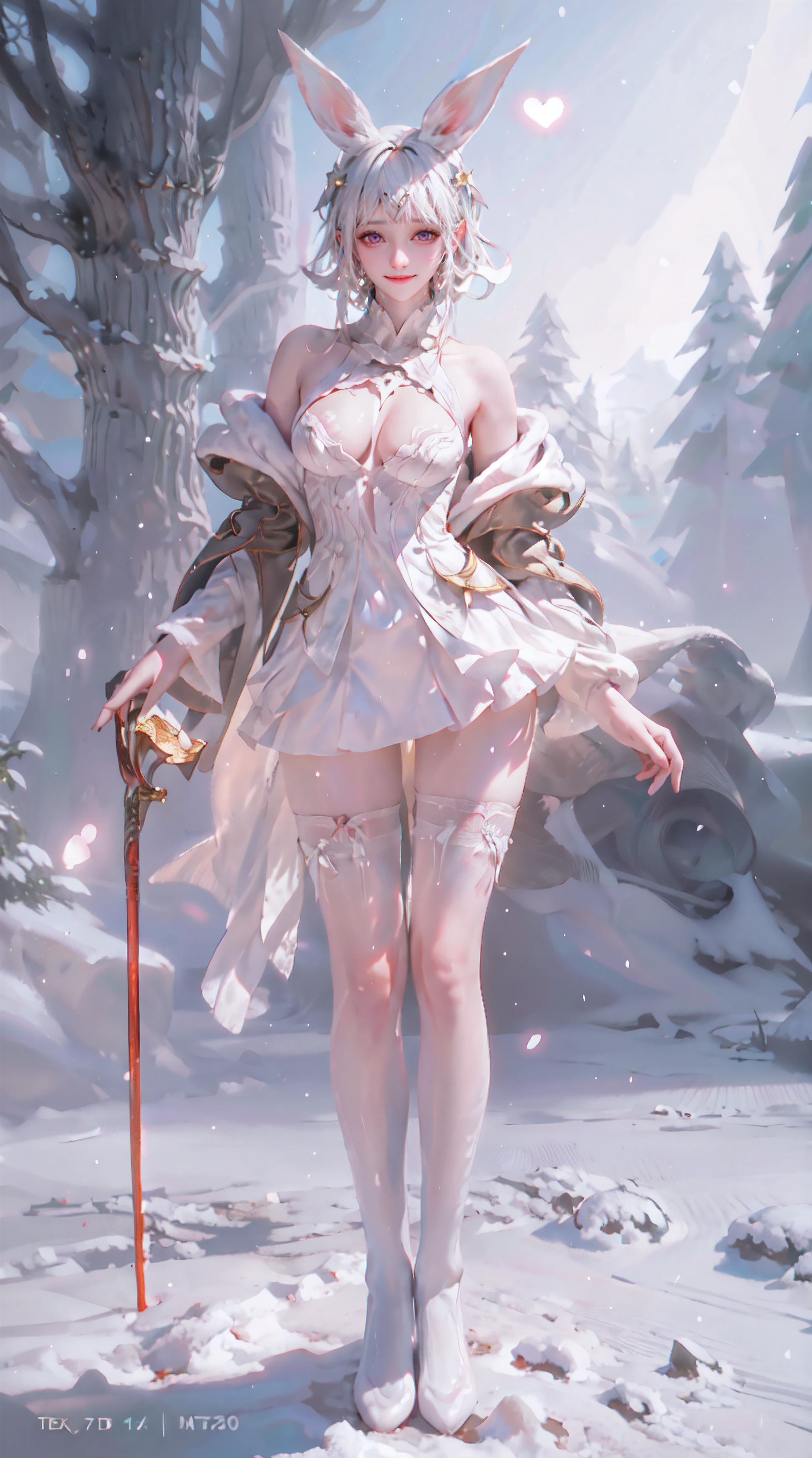 1girl, bunny ears, white hair, skinny waist and legs, long legs, very small breast, fair skin, Full cover sweater, white pantyhose, deadpan, upper body, in snow, forest, photographed by Canan EOS R6, 135mm, 1/1250s, f/2.8, ISO 400 ,