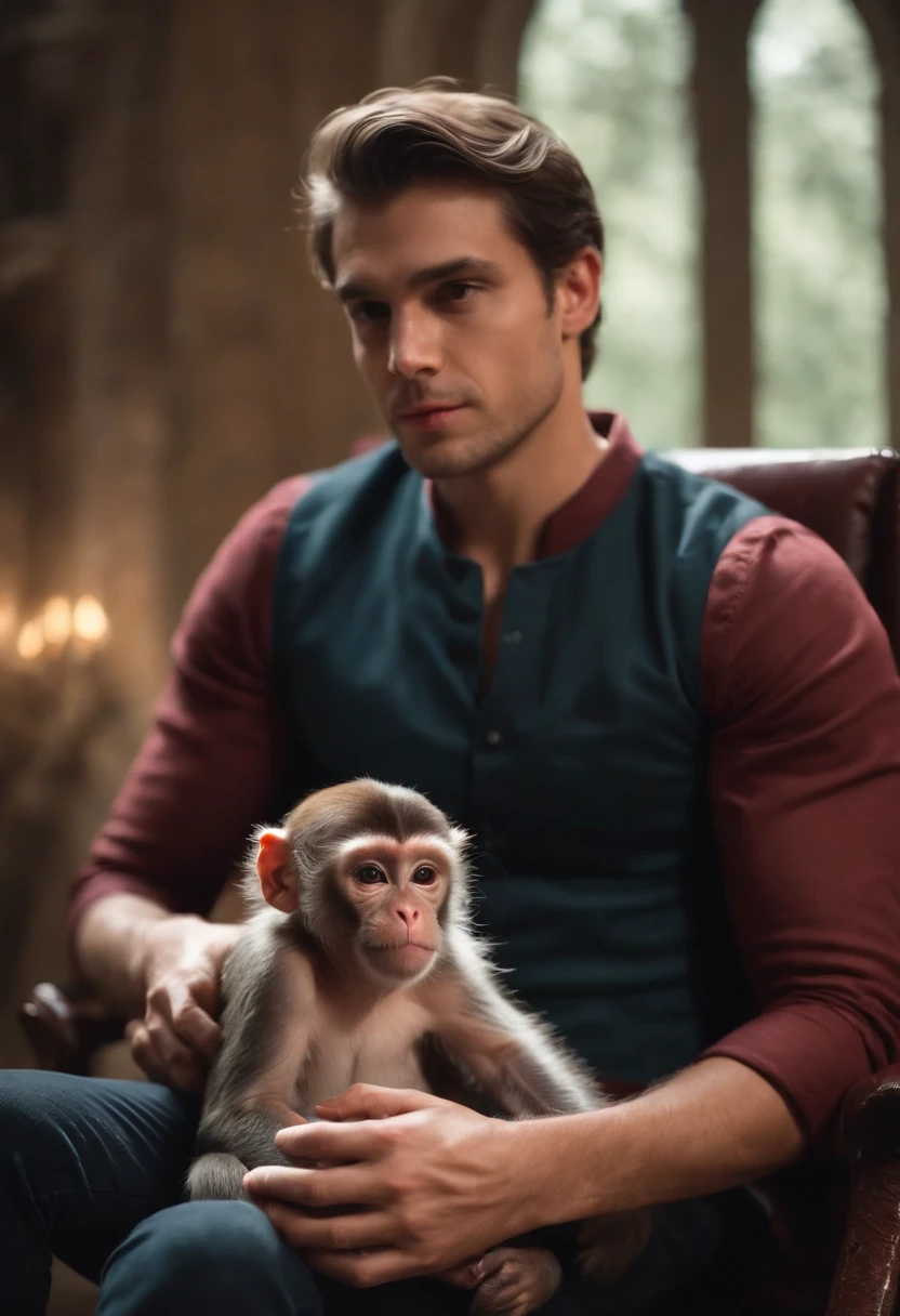 homem sentado no trono, ambiente vermelho e luxuoso, homem jovem, He has a pet monkey on his lap