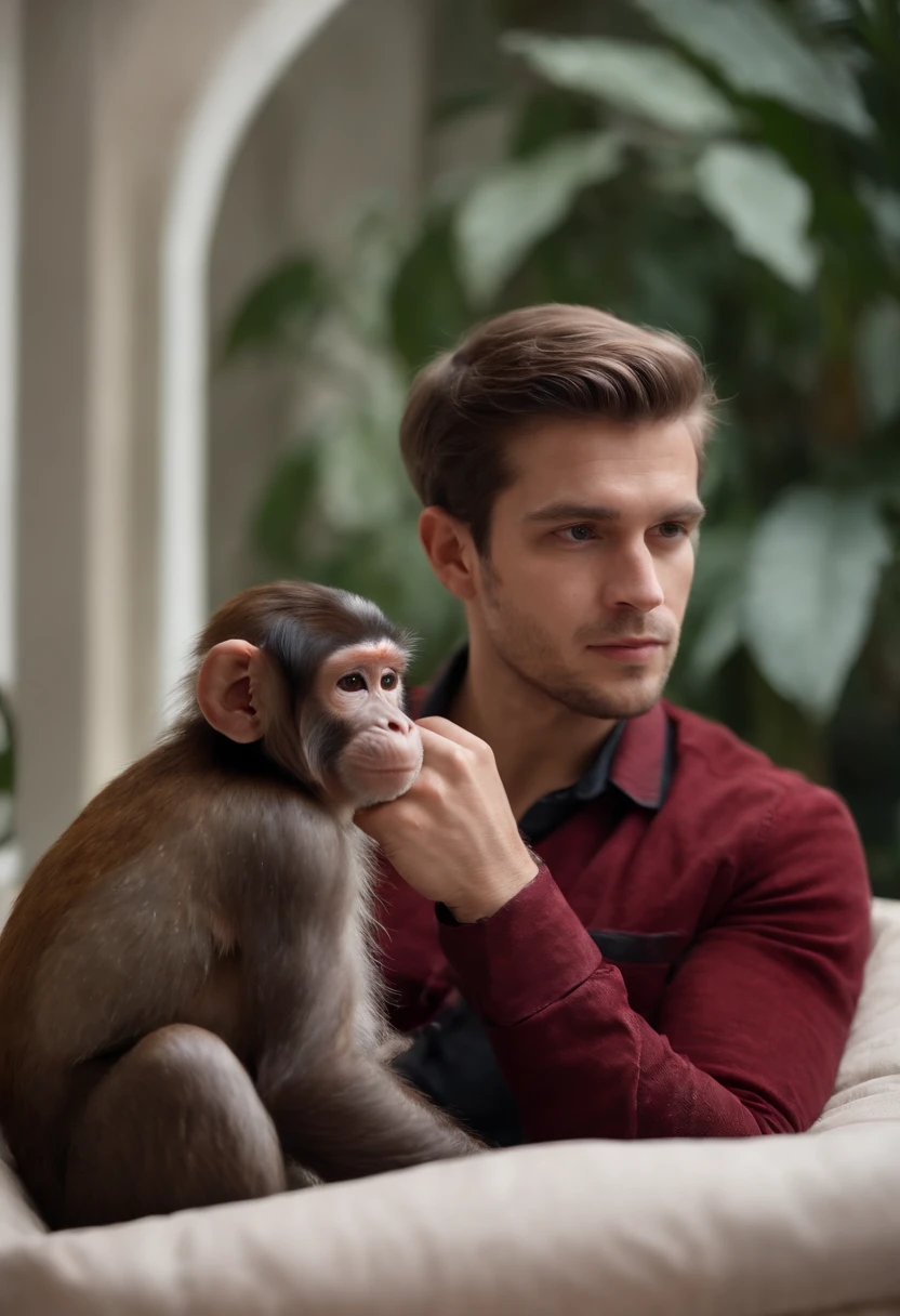homem sentado no trono, ambiente vermelho e luxuoso, homem jovem, He has a pet monkey on his lap