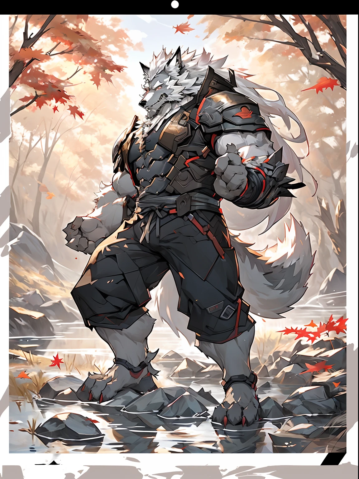 masterpiece,best quality,(1boy:1.1),(solo:1.1),muscular male,hi res,8k hd,extreme detail,detailed background,masterpiece,muscular,muscular anthro,(sweat:1.4),aged up,(looking at viewer:1.1),[(white background:1.4), ::2],solo,mid shot,full body,meadow,(Fallen leaves:1.1),grass,(Maple leaf:1.1),(rock:1.1),Stream,(rivers:1.1),fight pose, (langshu:1.3),wolf boy,facial hair,Thick eyebrows,grey body,wolf ears,white hair,long hair,wolf tail,claw,by lindong,by null-ghost,