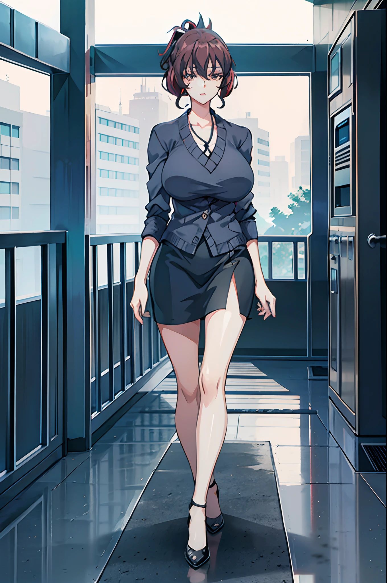 Kitagawa Udo room style, anime visual of a young woman,Focus on the face Delicate and beautiful face High ponytail,城市,Outdoors,Stand up,long leges,Mature woman,Big breasts wife,Married Woman,Mature woman,office  lady,(Masterpiece), (Best quality), (Ultra detailed),(Disheveled hair),huge tit,Stiletto heels,Slender and tall,Exquisite details,The feet are delicate