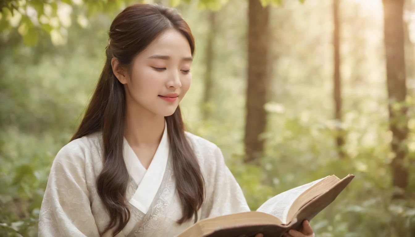 (Best Quality,Ultra-detailed,realisitic:1.37),portrait of a,Korean men and women reading the Bible,Oil Painting,Traditional Korean Costume,Peaceful garden scene,Soft sunlight,tranquil expression,wisdom,Bible Quotes,vibrant colours,delicate brushwork,subtle textures,lush greenery,Contemplative atmosphere,Beautiful picture book,Highlighted features:Eyes in focus,gentle smiling,Graceful posture,Sunlight shining through the trees,rays,Quiet surroundings,serene ambiance,A Blessed Moment