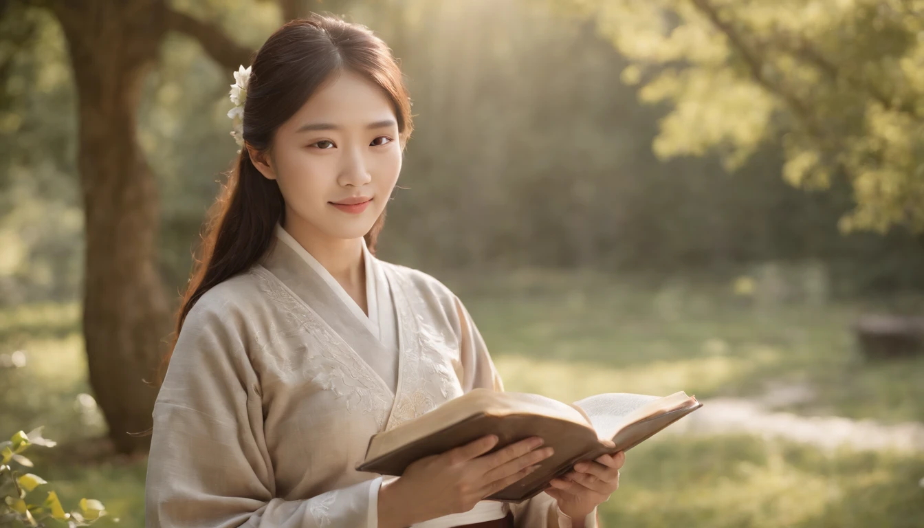 (Best Quality,Ultra-detailed,realisitic:1.37),portrait of a,Korean men and women reading the Bible,Oil Painting,Traditional Korean Costume,Peaceful garden scene,Soft sunlight,tranquil expression,wisdom,Bible Quotes,vibrant colours,delicate brushwork,subtle textures,lush greenery,Contemplative atmosphere,Beautiful picture book,Highlighted features:Eyes in focus,gentle smiling,Graceful posture,Sunlight shining through the trees,rays,Quiet surroundings,serene ambiance,A Blessed Moment