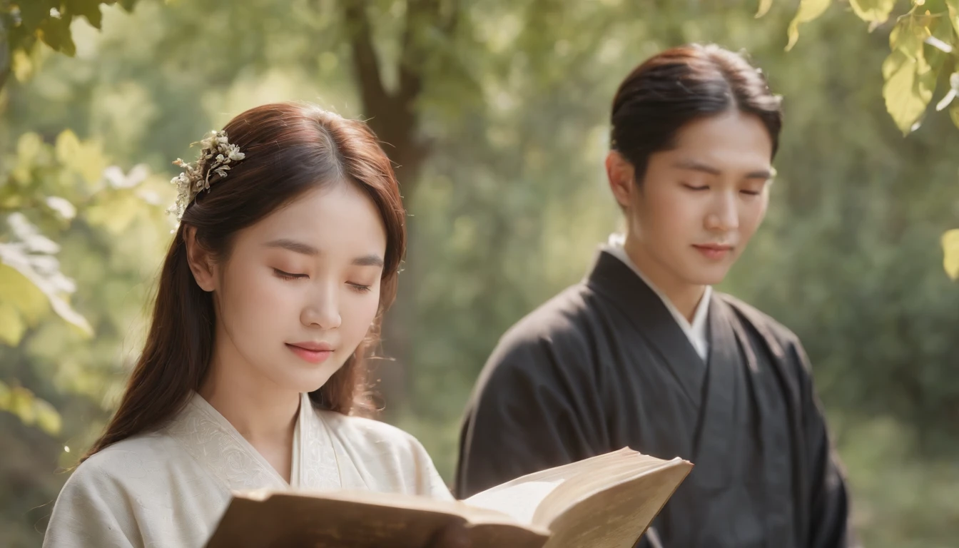 (Best Quality,Ultra-detailed,realisitic:1.37),portrait of a,Korean men and women reading the Bible,Oil Painting,Traditional Korean Costume,Peaceful garden scene,Soft sunlight,tranquil expression,wisdom,Bible Quotes,vibrant colours,delicate brushwork,subtle textures,lush greenery,Contemplative atmosphere,Beautiful picture book,Highlighted features:Eyes in focus,gentle smiling,Graceful posture,Sunlight shining through the trees,rays,Quiet surroundings,serene ambiance,A Blessed Moment