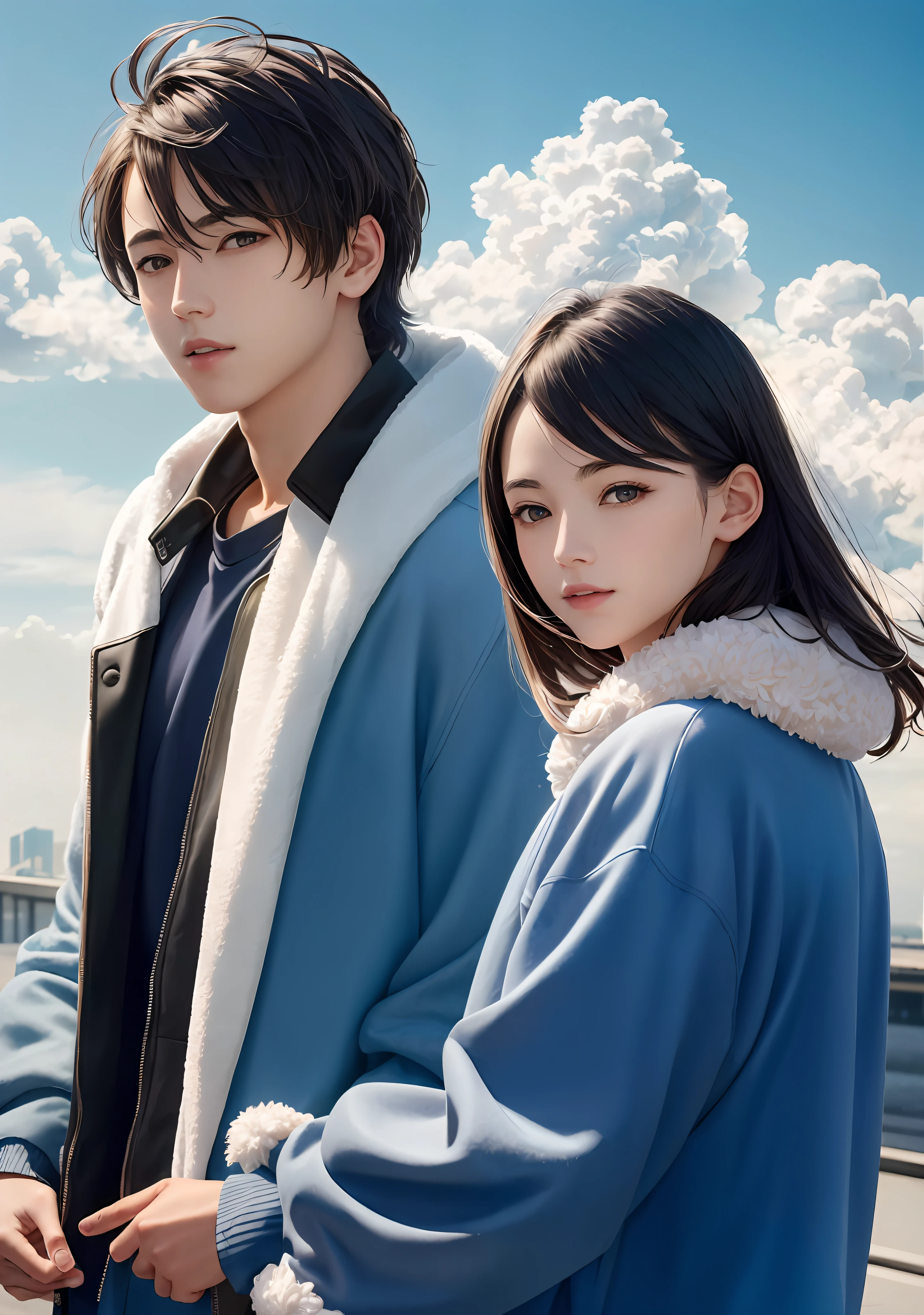 masterpiece, (photorealistic:1.4), best quality, beautiful lighting photo of rimuru tempest, 1boy, long hair, blue coat, fluffy scarf, yellow eyes, sunny, clouds, wearing a jacket, cyberpunk setting, RAW photo, 8k uhd, film grain