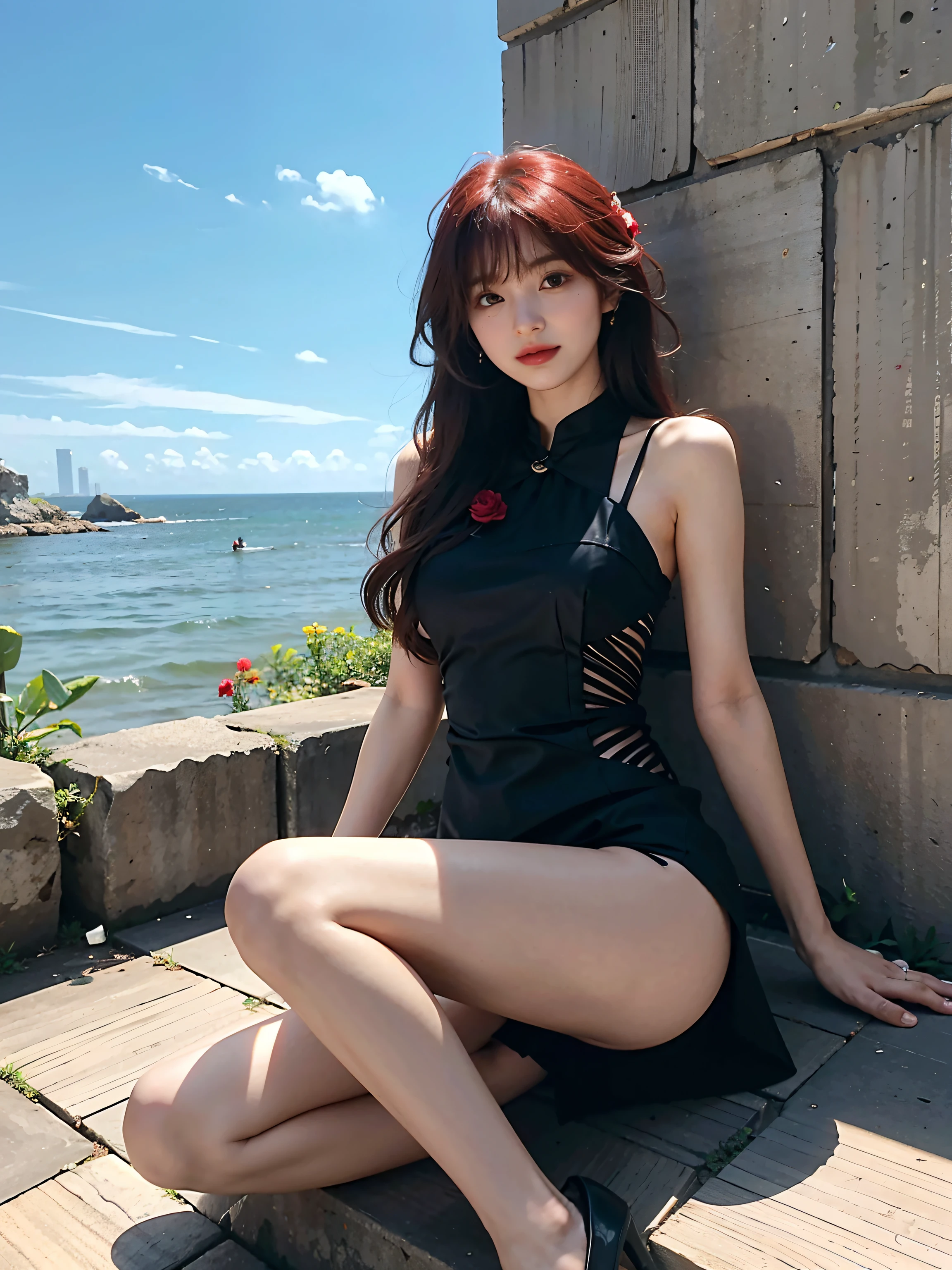 ((top-quality,16k,tmasterpiece:1.3)),Aya Shiina,28 years old Asian female,Beautiful Women in Perfect Shape:1.3,(((Red hair))),((lewd poses)),Rose flower(((Black wedding dress))),(((Have by the sea))),(((shift dresses))),((Black high heels))),((In the city)),rays of sunshine