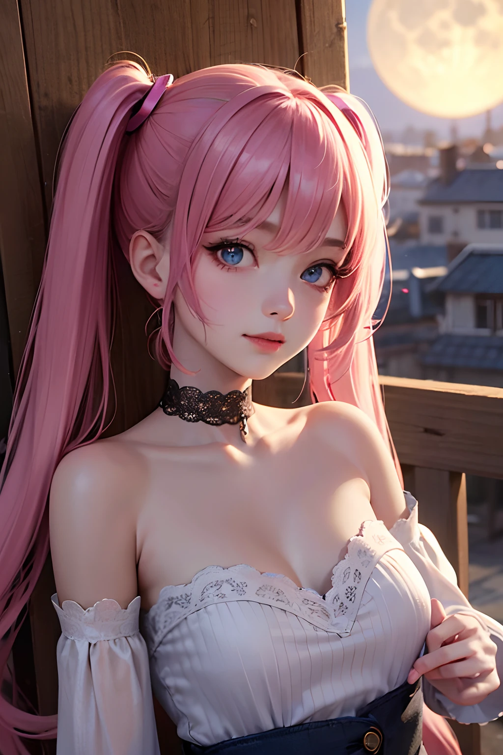 1girl in、looking at the viewers、
The upper part of the body、Beautiful blue eyes、Twin tails pink hair color、Moles under the eyes、Plump and glossy lips、Heart-shaped choker、gazing at viewer、smiling at the viewer、。.。.。.。.。.。.。.。.。.。.。.。.。.。.。.。.。.。.。.。.。.。.。.。.。.。.。.3D、realisitic、
Blouses with ruffles、Ultra mini skirt、florals、Lace trim、natta、Bright in the light of the moon、harvest moon、
​masterpiece、top-quality、8K、detailed skin textures、Detailed Cloth Texture、beautifull detailed face、intricate-detail、ultra-detailliert、
Rim lighting、Side lighting、ciinematic light、超A high resolution、8K UHD、film grains、Best Shadow、delicated、gazing at viewer、front facing、Gesture of waiting for a kiss