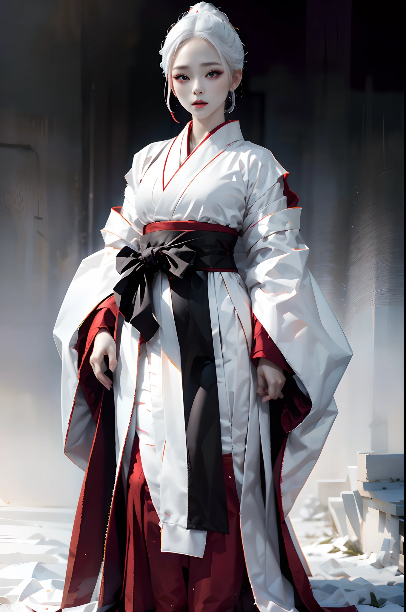 top-quality、masterpiece、1 girl in、Black background、Black background、Full Body Angle、White and black hakama、Hakama、Standing、black backgrounds、white hair:1.5、Red Eyes、red-lips、white clothes、Black and white world、Black and white world、light skinned、Side braid