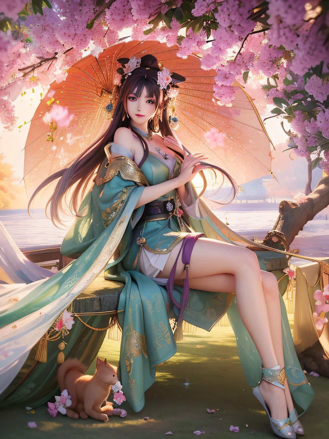 Anime girl sitting in tree with cat and cat, a beautiful fantasy empress, by Yang J, ((a beautiful fantasy empress)), Japanese goddess, spring goddess, beautiful and seductive anime woman, full-body xianxia, A beautiful artwork illustration, Anime goddess, Beautiful character painting, G Liulian art style, Anime fantasy illustration, beautiful fantasy maiden