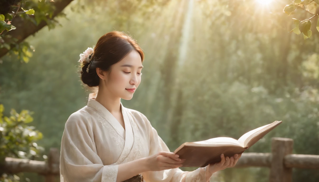 (Best Quality,Ultra-detailed,realisitic:1.37),portrait of a,Korean men and women reading the Bible,Oil Painting,Traditional Korean Costume,Peaceful garden scene,Soft sunlight,tranquil expression,wisdom,Bible Quotes,vibrant colours,delicate brushwork,subtle textures,lush greenery,Contemplative atmosphere,Beautiful picture book,Highlighted features:Eyes in focus,gentle smiling,Graceful posture,Sunlight shining through the trees,rays,Quiet surroundings,serene ambiance,A Blessed Moment
