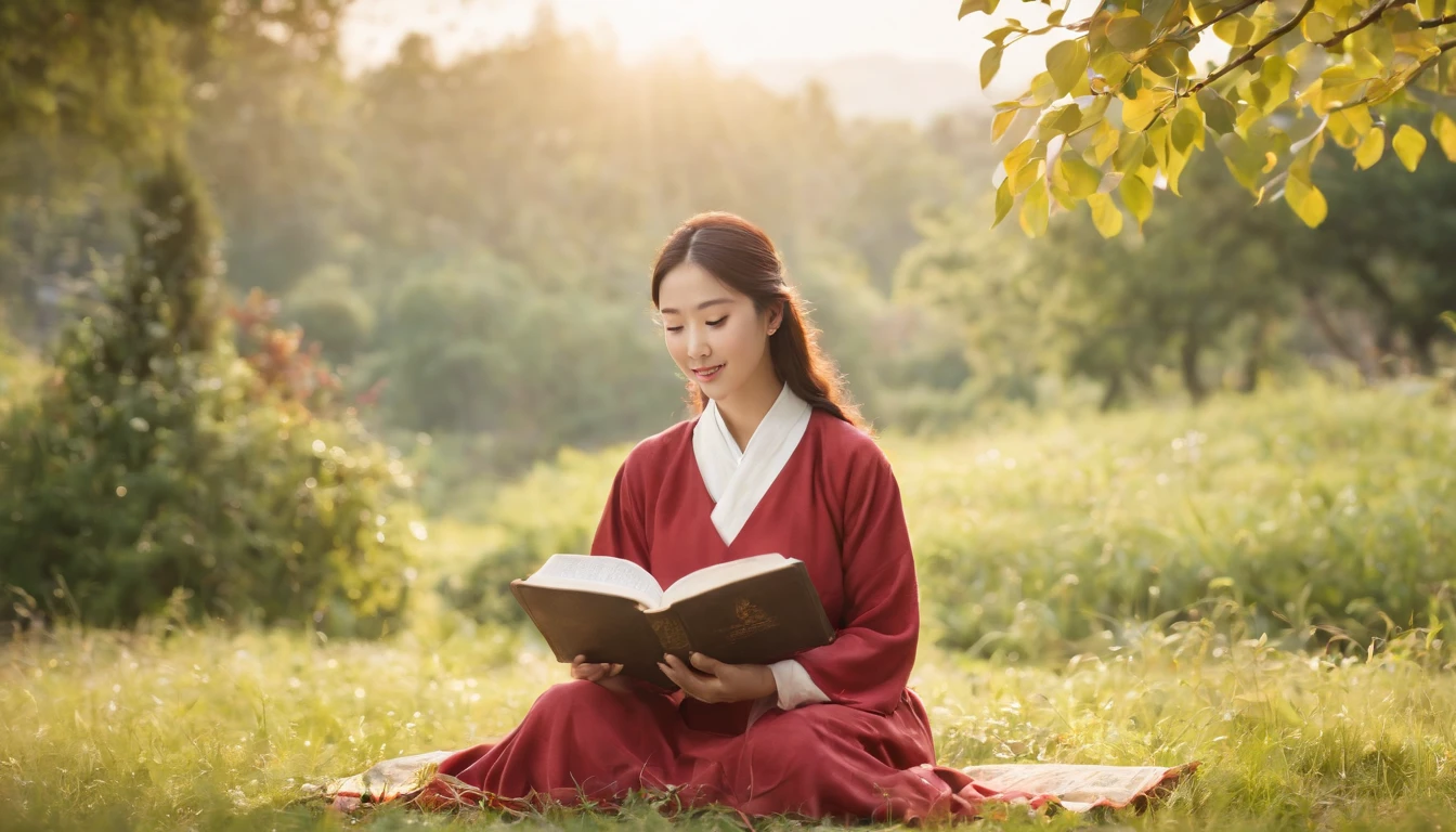 (Best Quality,Ultra-detailed,realisitic:1.37),portrait of a,Korean men and women reading the Bible,Oil Painting,Traditional Korean Costume,Peaceful garden scene,Soft sunlight,tranquil expression,wisdom,Bible Quotes,vibrant colours,delicate brushwork,subtle textures,lush greenery,Contemplative atmosphere,Beautiful picture book,Highlighted features:Eyes in focus,gentle smiling,Graceful posture,Sunlight shining through the trees,rays,Quiet surroundings,serene ambiance,A Blessed Moment