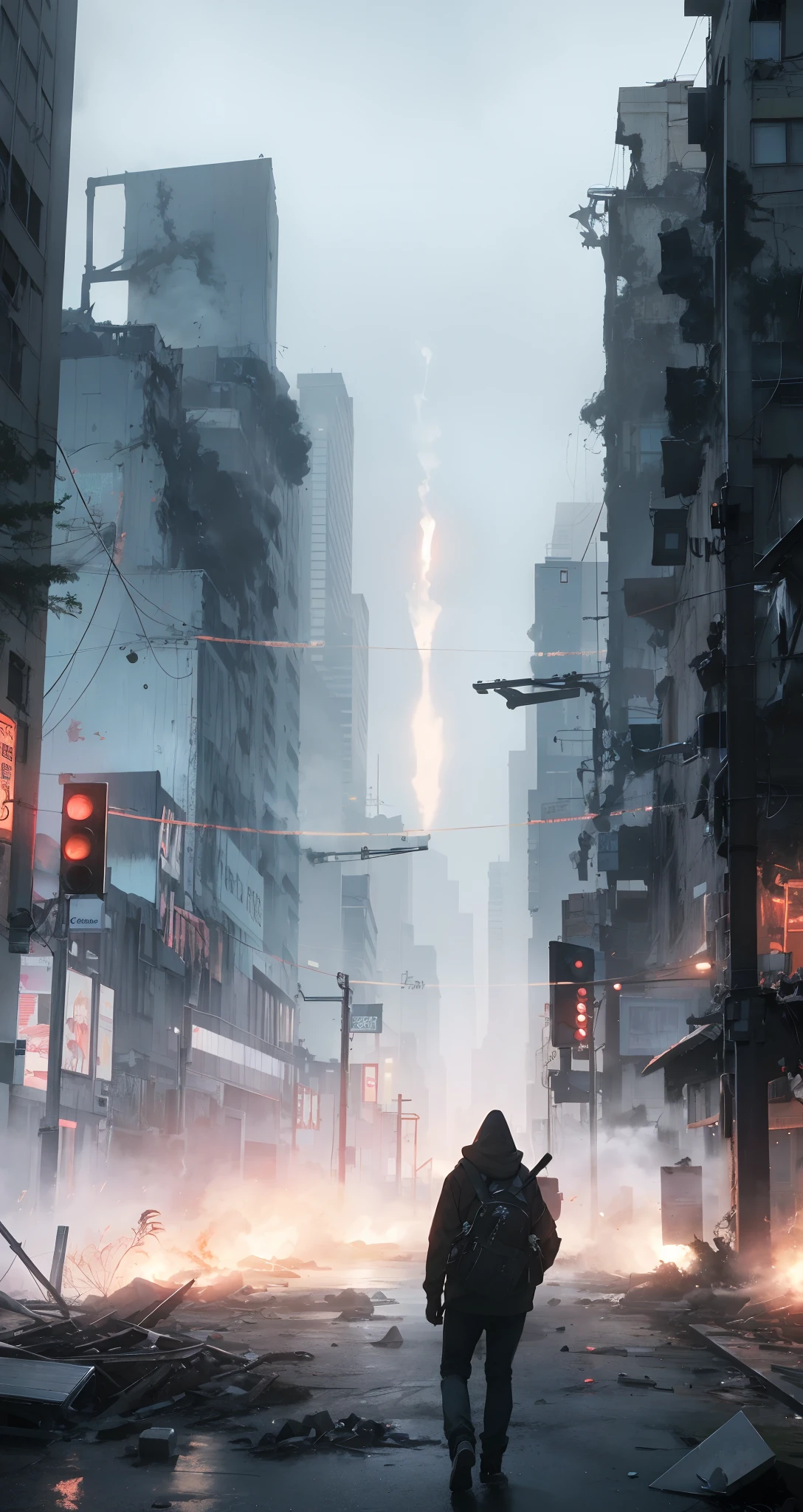 Destruction of the city due to a powerful nuclear bomb explosion, thick fog, Foggy, sparks
