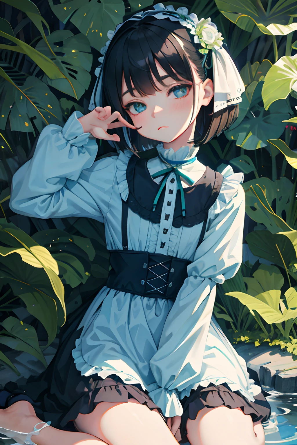 wariza，hand between legs，child，（​masterpiece，Highest Quality），shortsleeves，Blue-green Gothic Lolita，Sleepy face，A dark-haired，Medium bob，small stream