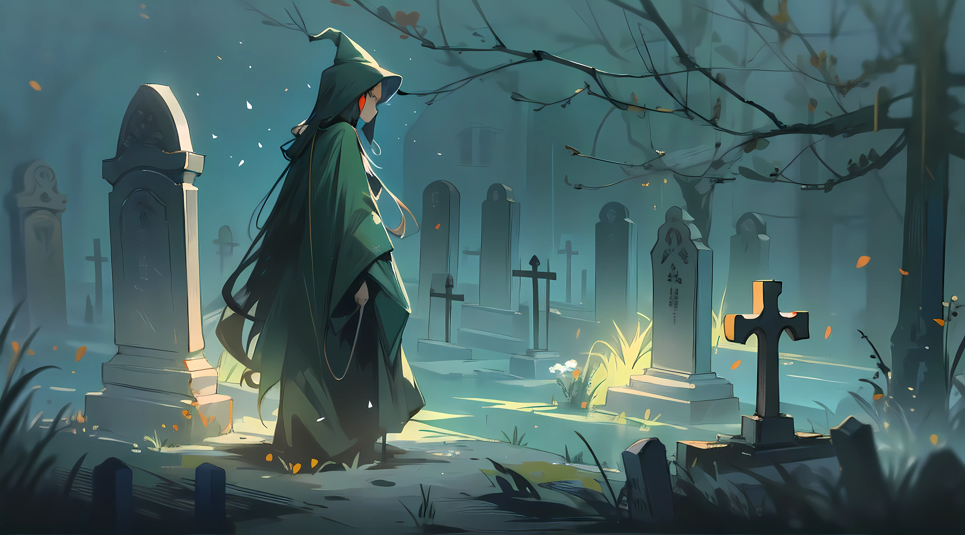 (tmasterpiece,Need,4K),An old witch stands in front of two tombstones,Green robe(Smooth fiber texture),Black witch hat,Helpless loneliness,Back shadow,Flowing skirt,Back shadow,silence,Divine light,brutal,Broken,Gorgeous light and shadow,hair-bun(Coiled hair),silber hair, Illustration style, Art gallery,Cartoony,Soft light,Love, Romantic, Blue,Background with,iintricate,golden colored,A cemetery shrouded in fog,超细节的