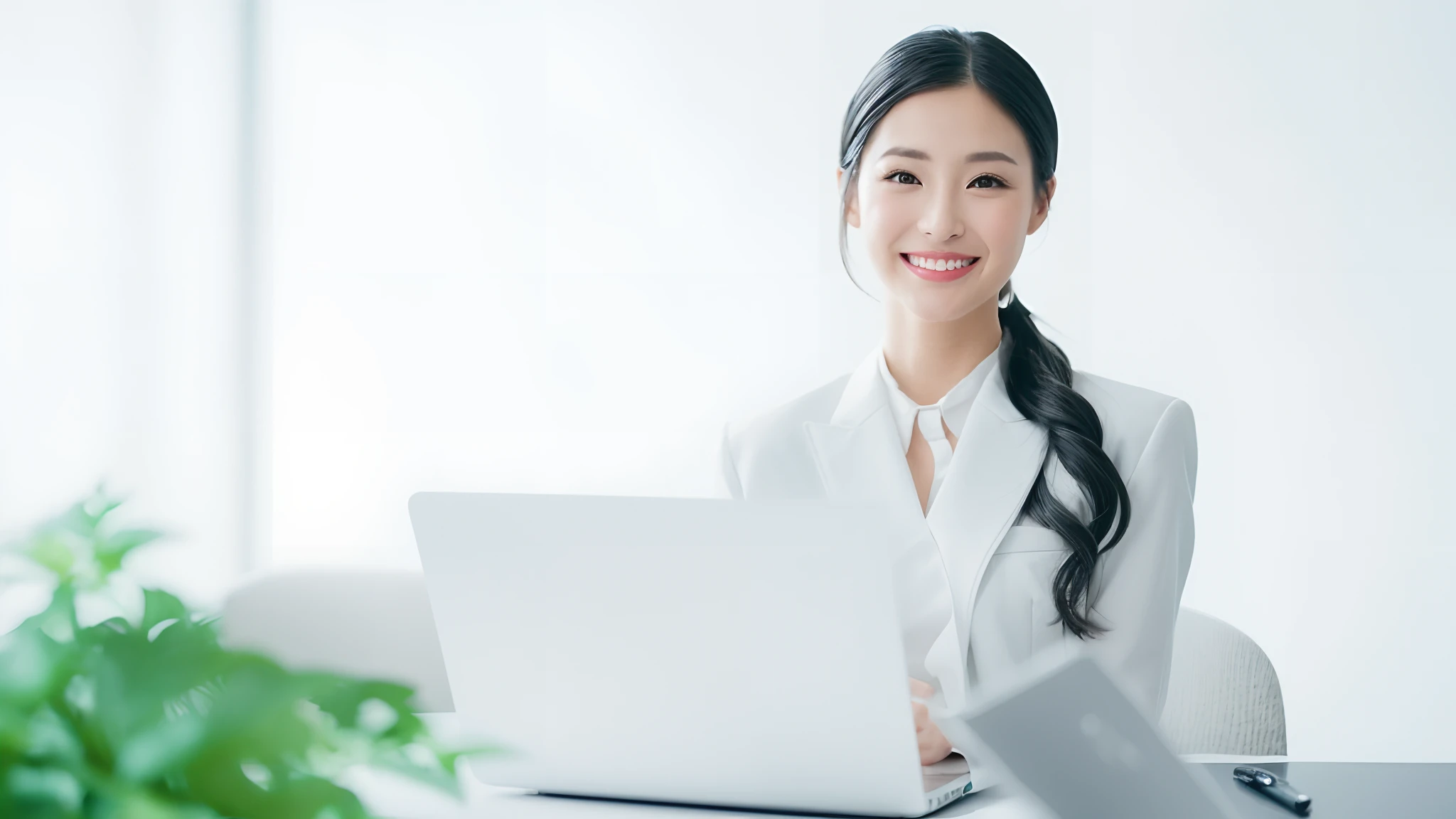 Long Black Hair、Black business suit、Crisp double、japanes